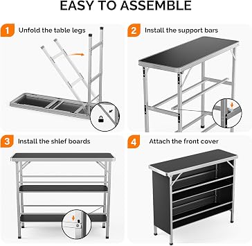 VINGLI 43 Portable Bar Table, 3-Tier Shelves, Mobile Bar Table for Events, Party, Camping, Picnic, Tradeshow, Indoor with Black Skirt (2, 43)