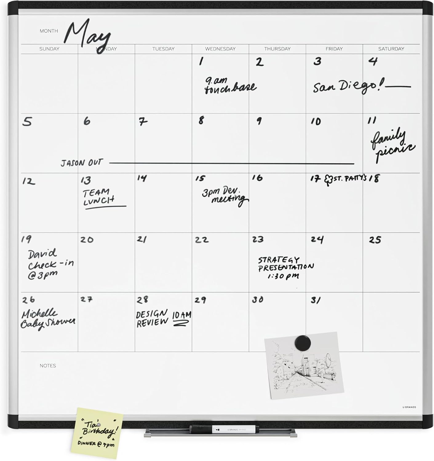 U Brands PINIT Magnetic Dry Erase Monthly Calendar White Board, 36" x 36" Inches, Silver Aluminum Frame
