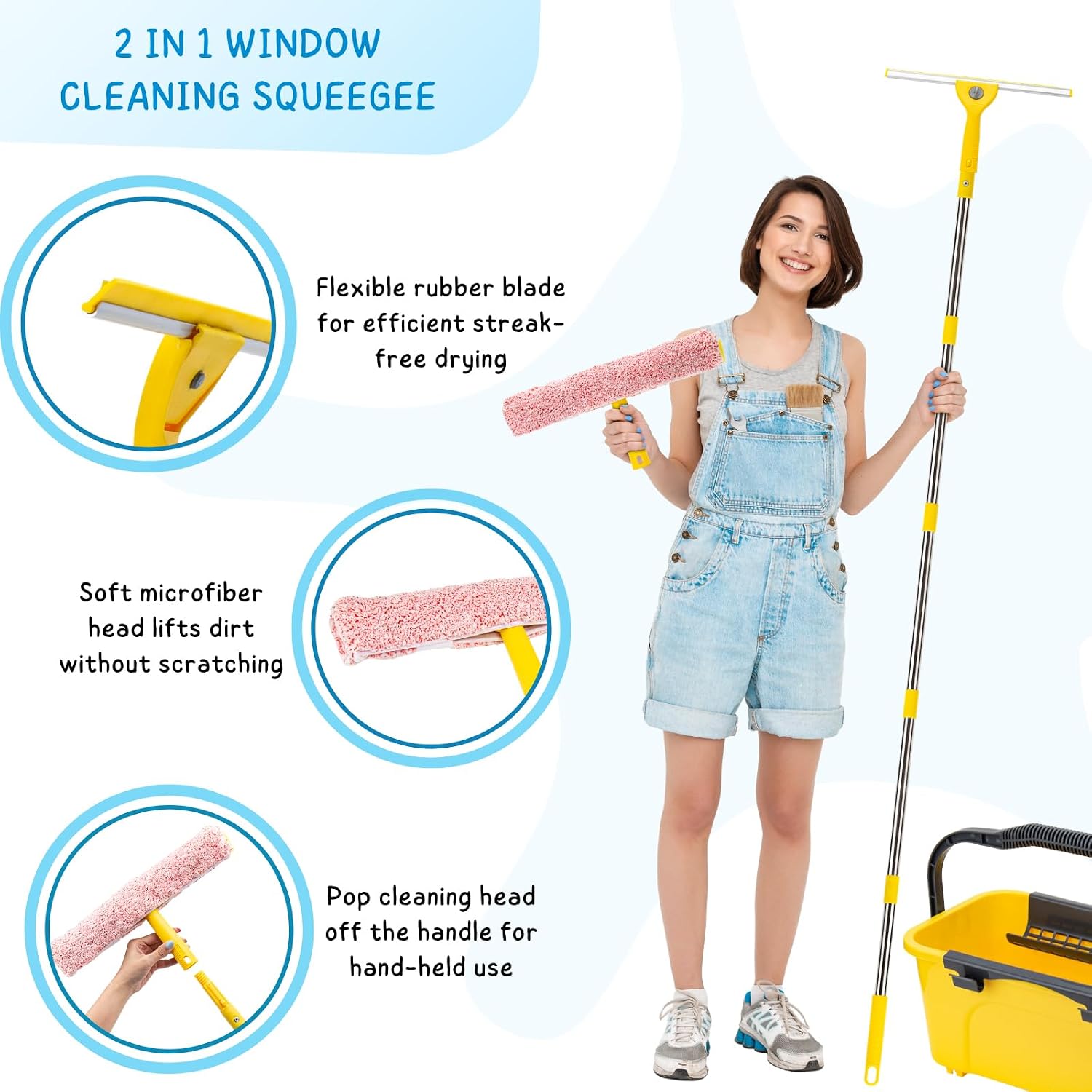 Professional Window Cleaning Kit with 3 Gallon Bucket, 6 Ft Long Handle Glasses Cleaner Squeegee with Spray Bottle and Scrubber for Home and Commercial Use, Car Windshield Washing Tool, Yellow image 2