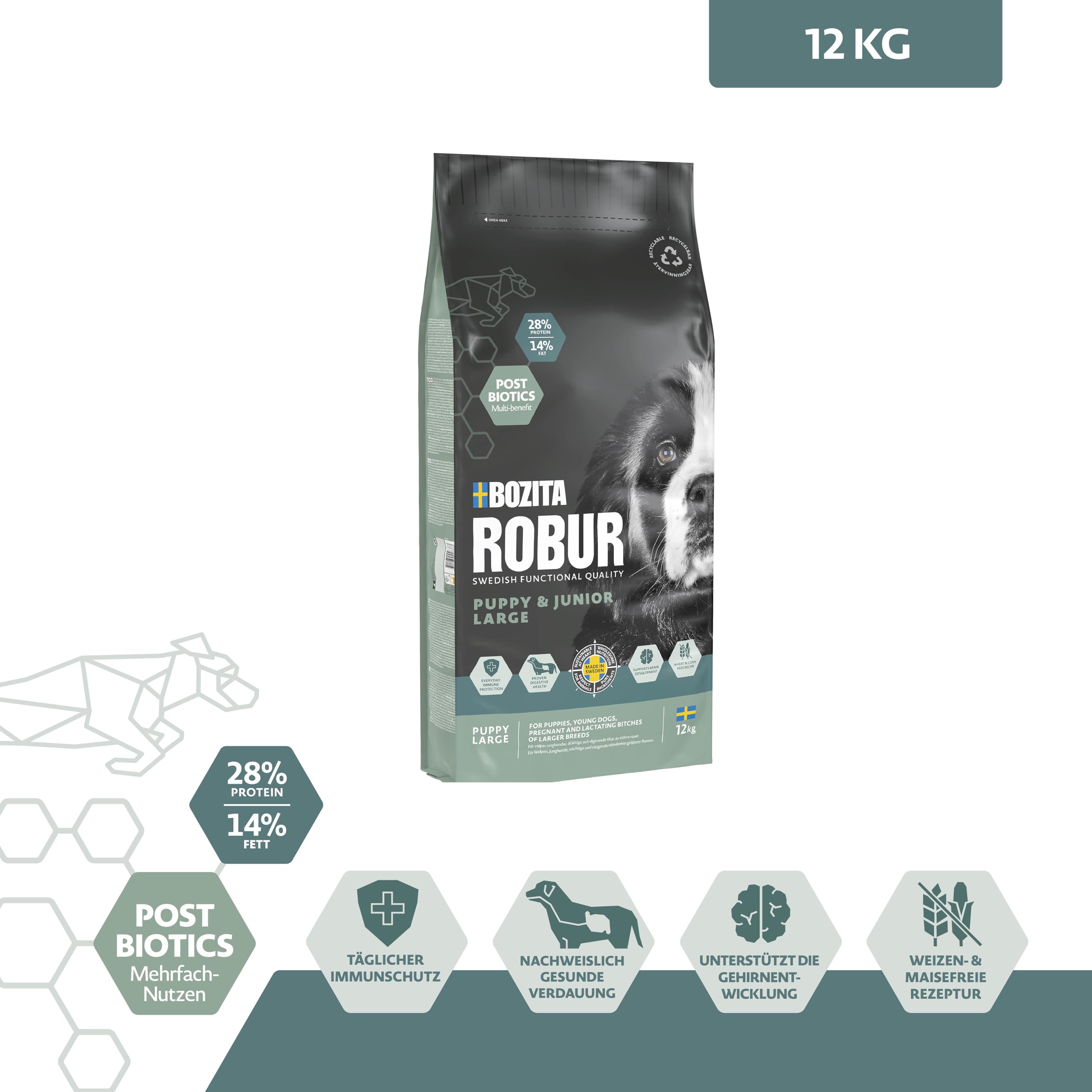 Bozita ROBUR Puppy & Junior XL Huhn 12kg - Welpenfutter Trockenfutter mit hoher Akzeptanz, Postbiotika, ohne Weizen für mittelgroße bis große Rassen und Welpen die eine große Krokette wollen