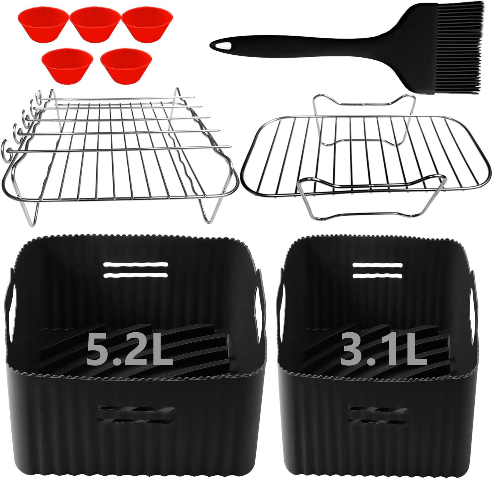 Dual Air Fryer Liners Compatible for Tefal Easy Fry 5.2L/3.1L,Tower T17099, Lakeland 5L/3L, Salter 5.5L/3.5L,Netta 9L, Different Two Size Dual Drawer Airfryer Accessories,Large+Small Silicone Liners