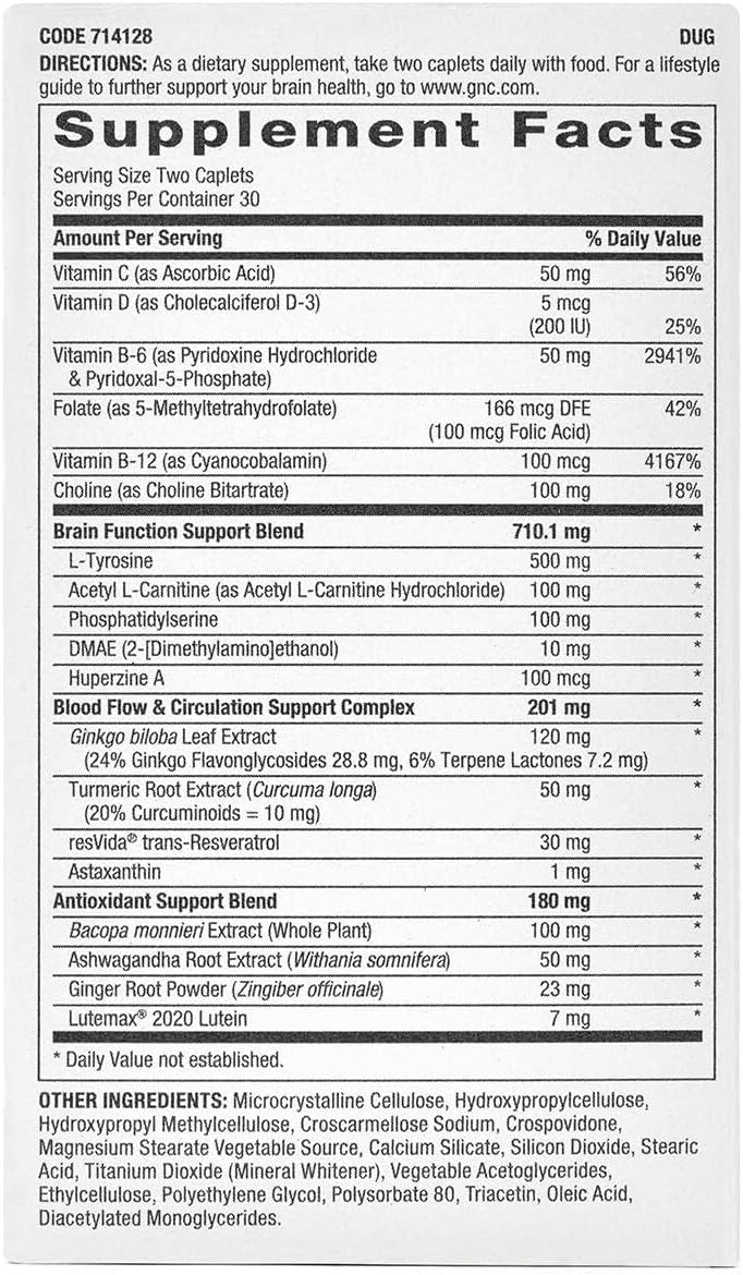 GNC Preventive Nutrition Brain Health Formula, 60 Caplets, Supports Memory Function and Enhances Circulation - Image 2