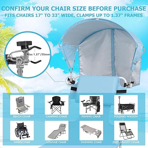 Miniatura 3 de Toldo universal para silla, parasol UPF 50+ con abrazadera ajustable, se adapta a la mayoría de las marcas de playa, camping, césped, bronceado,