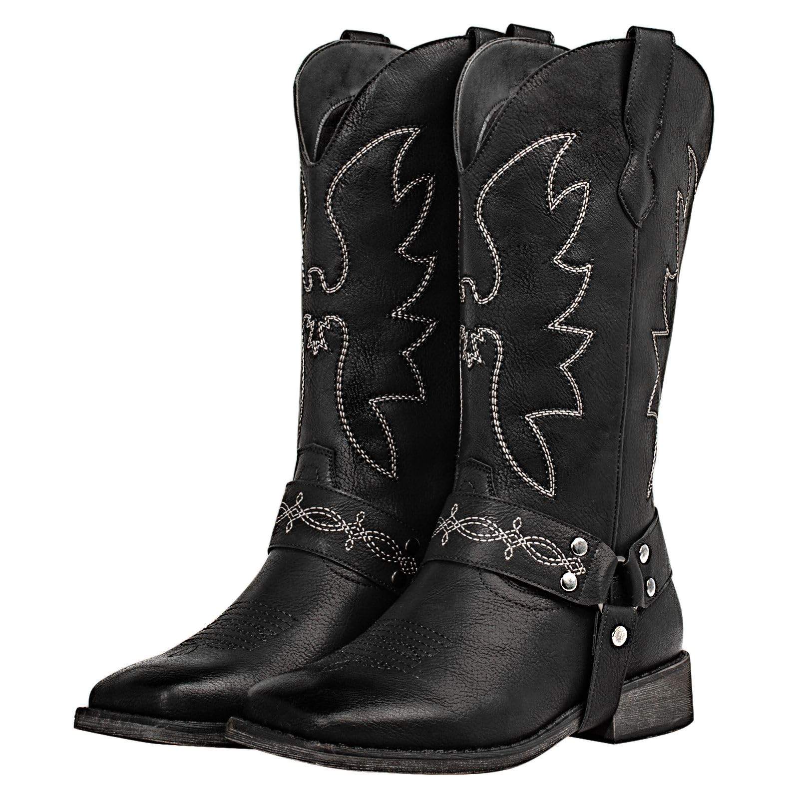 SheSole Womens Buckle Strap Wide Calf Cowboy Boots Square Toe Western Cowgirl Boots