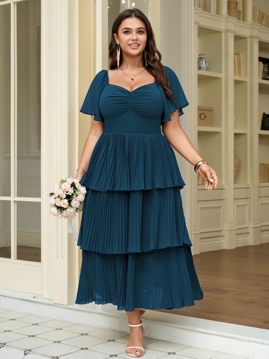 SCOMCHIC Women's Plus Size Formal Wedding Guest Evening Party Dress Short Sleeve Pleated Tiered Chiffon Bridesmaid Dresses