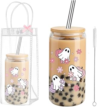 16oz Halloween Ghost Glass Cups with Clear Gift Bag, Boo Basket Stuffers for Women, Iced Coffee Cup with Lids and Straws, Spooky Halloween Gifts for Adults & Teens
