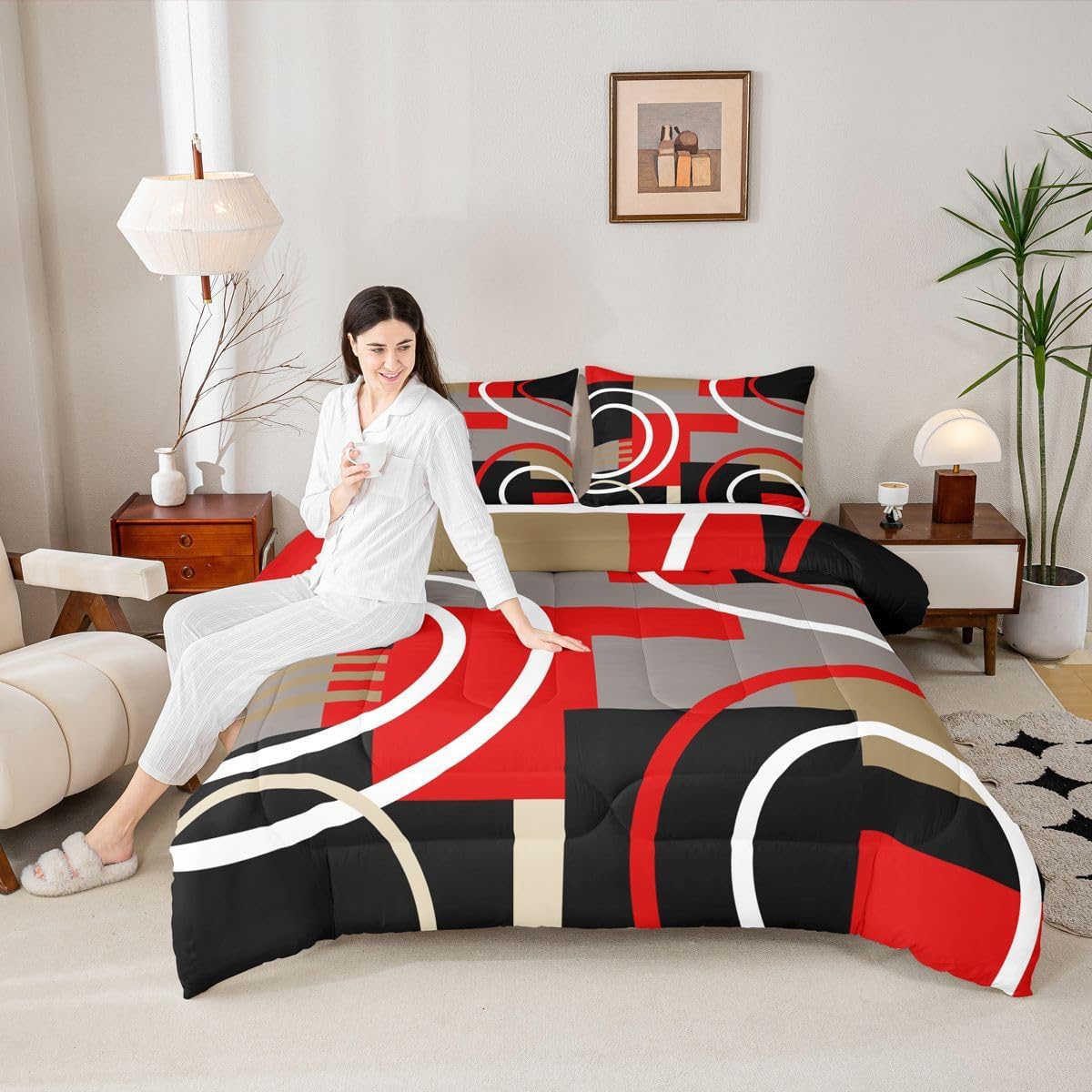 Feelyou Geometric Bedding Set Barclay Arcs Shapes Comforter Set for Kids Boys Girls Modern Decor Comforter Red Black Grey Quilt with 1 Pillowcase 2Pcs Bedding Twin Boys