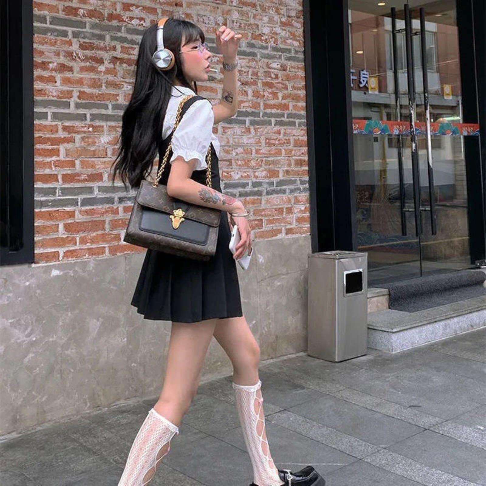 Harajuku Black Preed Robe Femmes Preppy Style Robes Dark Academia Fairy Alternative-Dress Shirt tie,S
