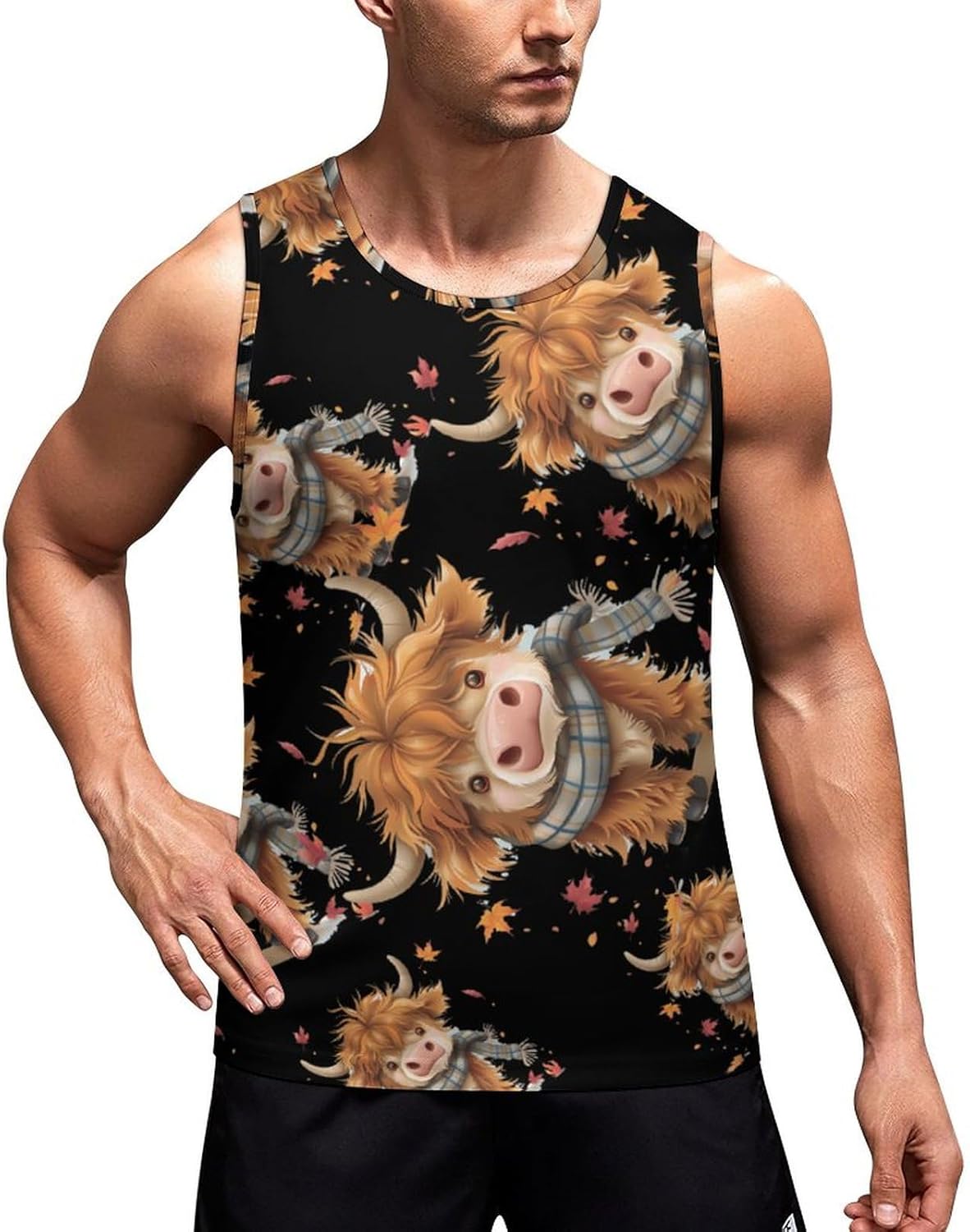 Fall Highland Cow Maple Leaves Men's Tank Top Sleeveless Muscle Shirts Vest Beach T Shirts for Workout Gym