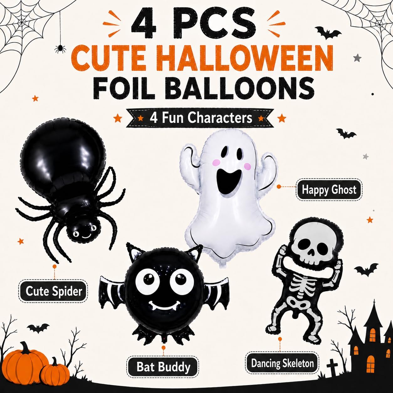 4 Pcs Halloween Birthday Decorations Balloons, Ghost Balloons Bat Skull Spide Balloon for Halloween Spooky Birthday Party Decor Supplies image 3