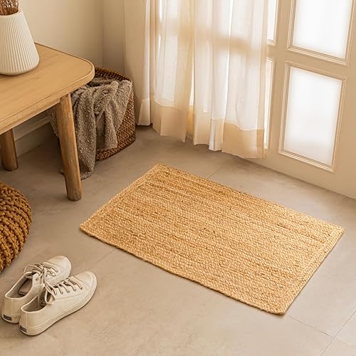 Miniatura 2 de HOMEMONDE Alfombra de yute trenzada natural tejida a mano de 2 x 3 pies, rectangular, reversible, para sala de estar, cocina, entrada, alfombra de