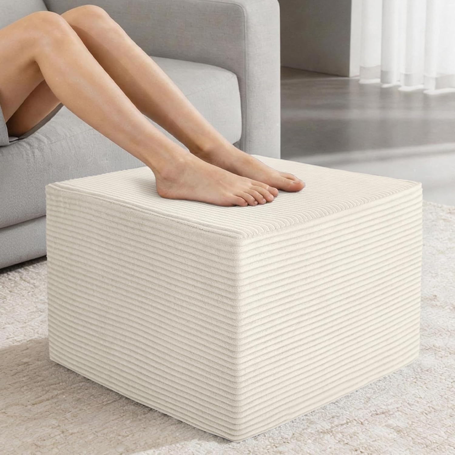Stuffed Square Pouf Ottoman with Solid Foam Core for Seating | 19.69 x 19.69 x 14.76 in Stable Structure Resists Flattening, Removable Corduroy Cover, Footrest & Decor for Living Rooms
