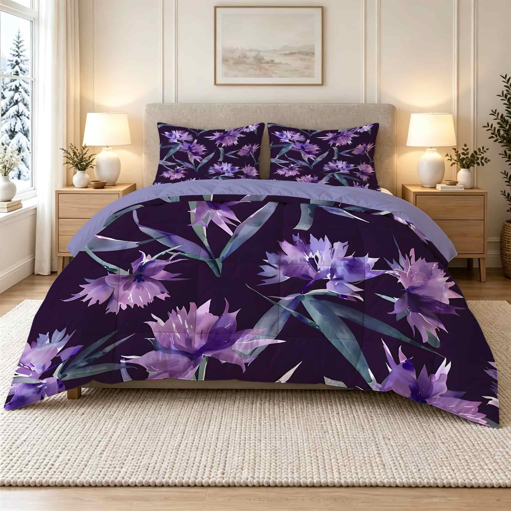PNHCL King Size Duvet - Cornflowers Coverless Duvet 13.5 Tog - Lightweight & Breathable Purple Floral Bedding Set Comforter for Aldult - Reversible Duvets for All Seasons MK72