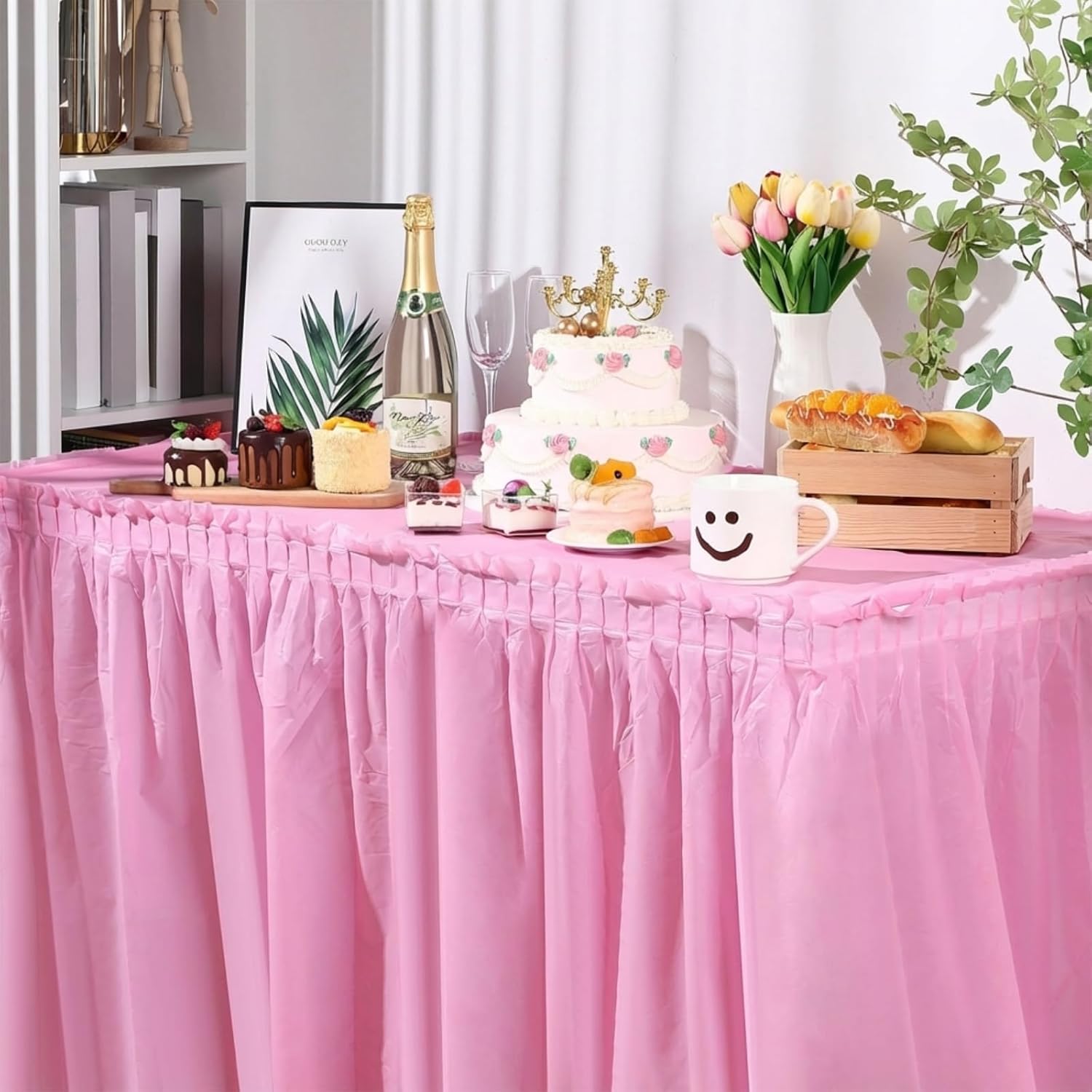 Oudain 6 Pcs Plastic Table Skirts and Stainproof Table Cloths 54 x 108 in Plastic Ruffle Tablecloth 168 x 29 Inches Disposable for Wedding Baby Shower Valentine Spring Easter Party(Pink)