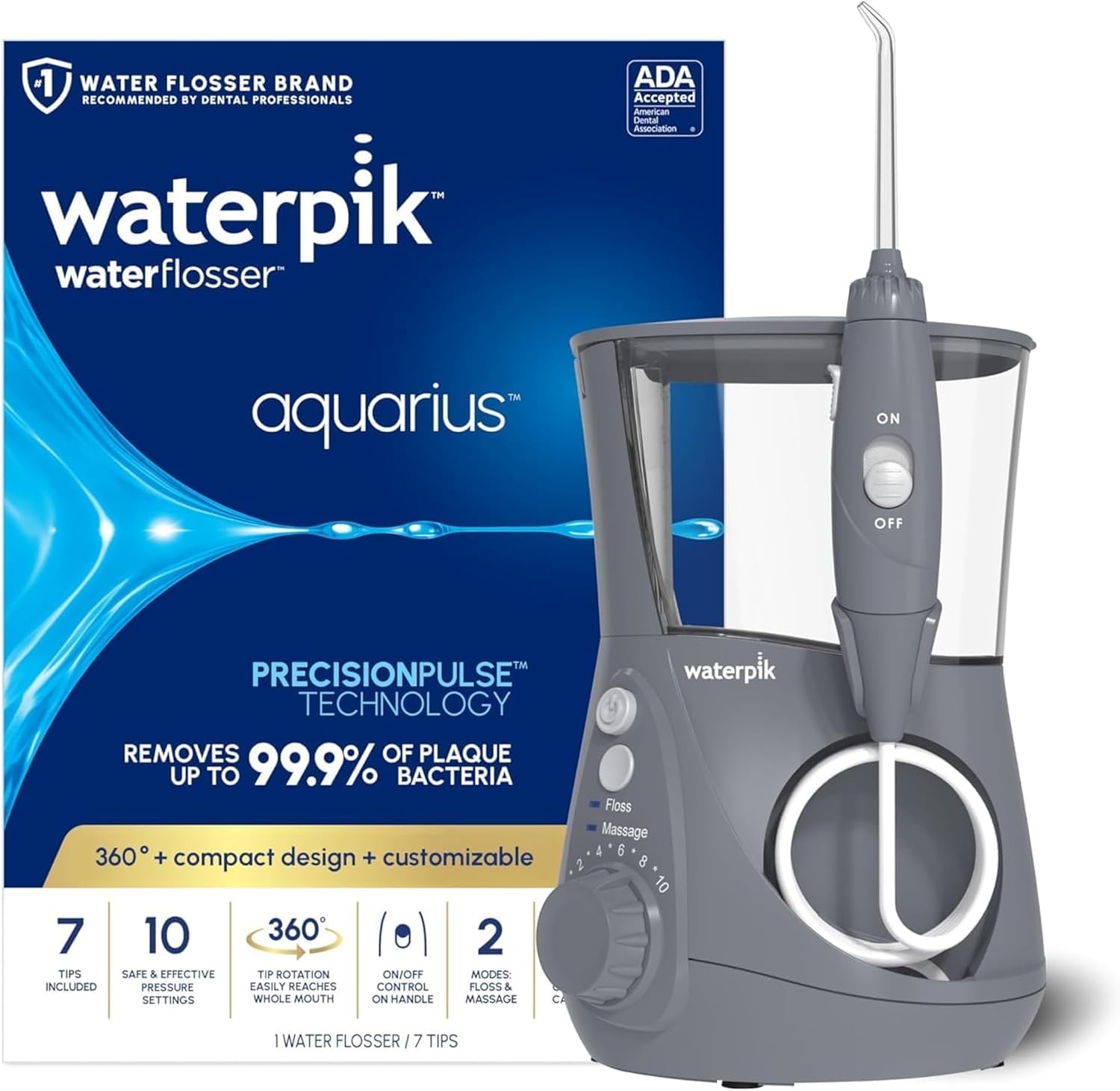 Waterpik Aquarius Water Flosser Professional For Teeth, Gums, Braces, Dental Care, Electric Power With 10 Settings, 7 Tips For Multiple Users And Needs, ADA Accepted, Gray WP-667