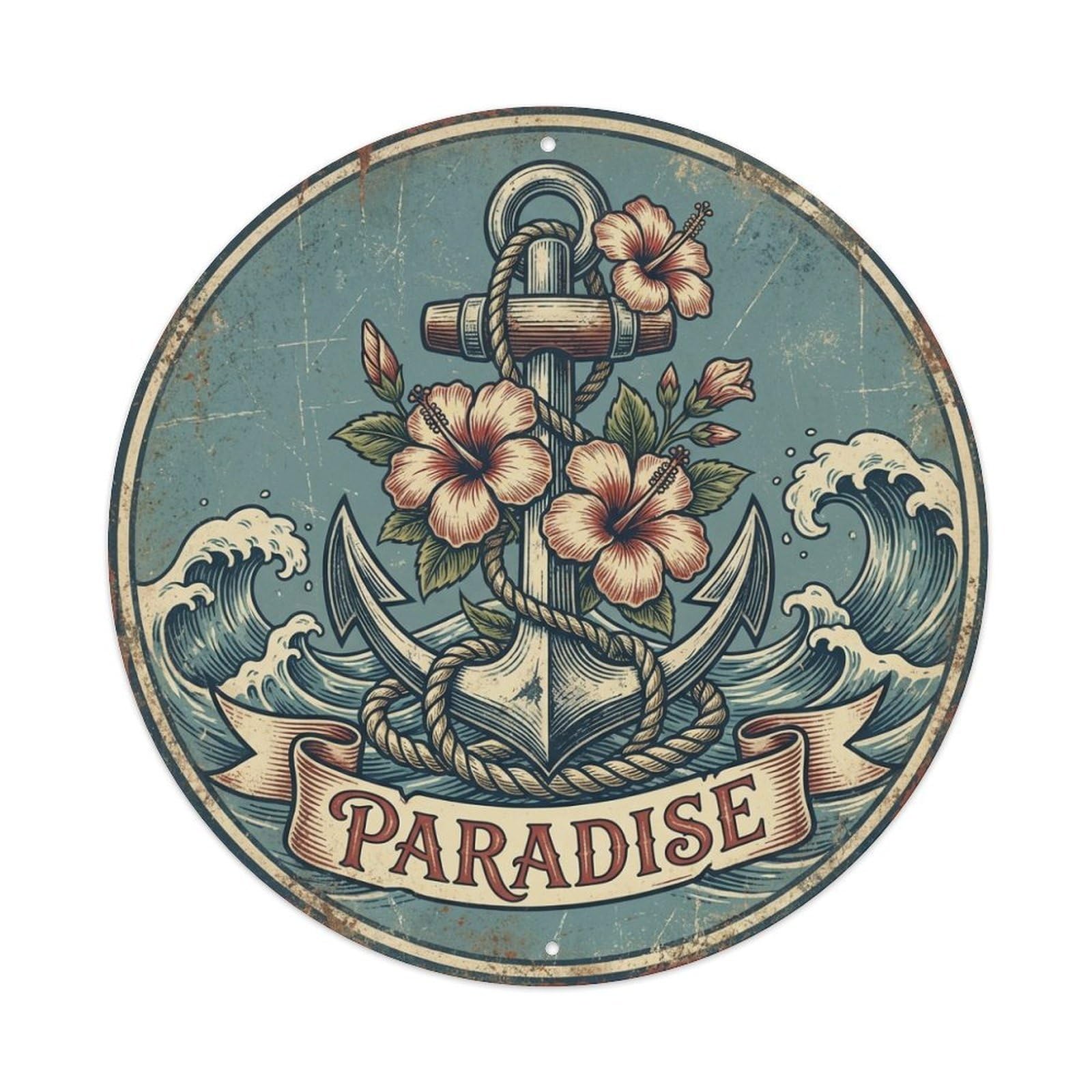 Olhnbad Style Paradise Hibiscus Anchor High Seas Crest Metal Tin Sign