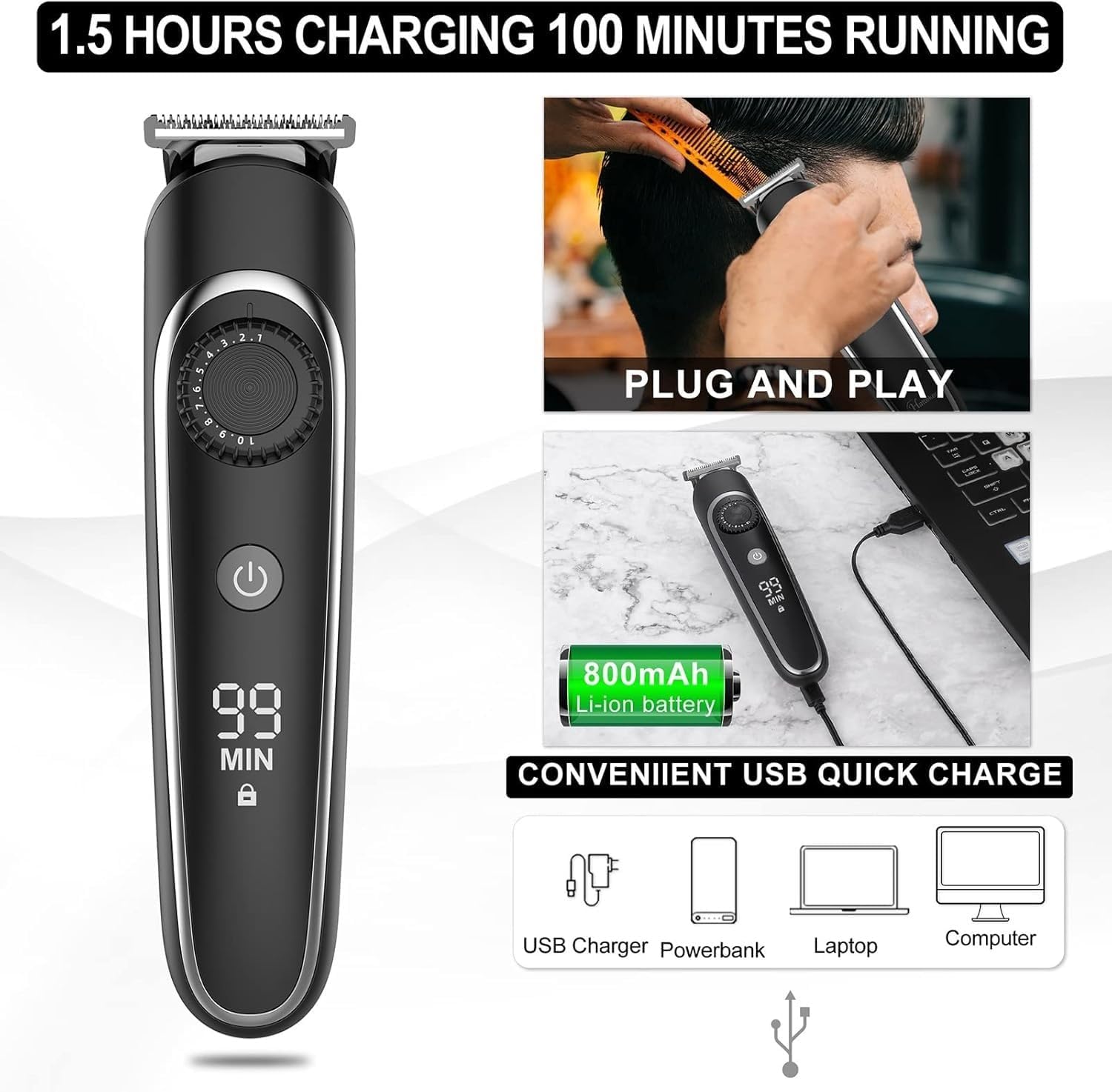 Hair Clippers for Men, Professional Beard Trimmer Hair Clipper for Men Razor Hair Trimmer Hair Cutting Kit 6 in 1 Waterproof Rechargeable Hair and Shaving