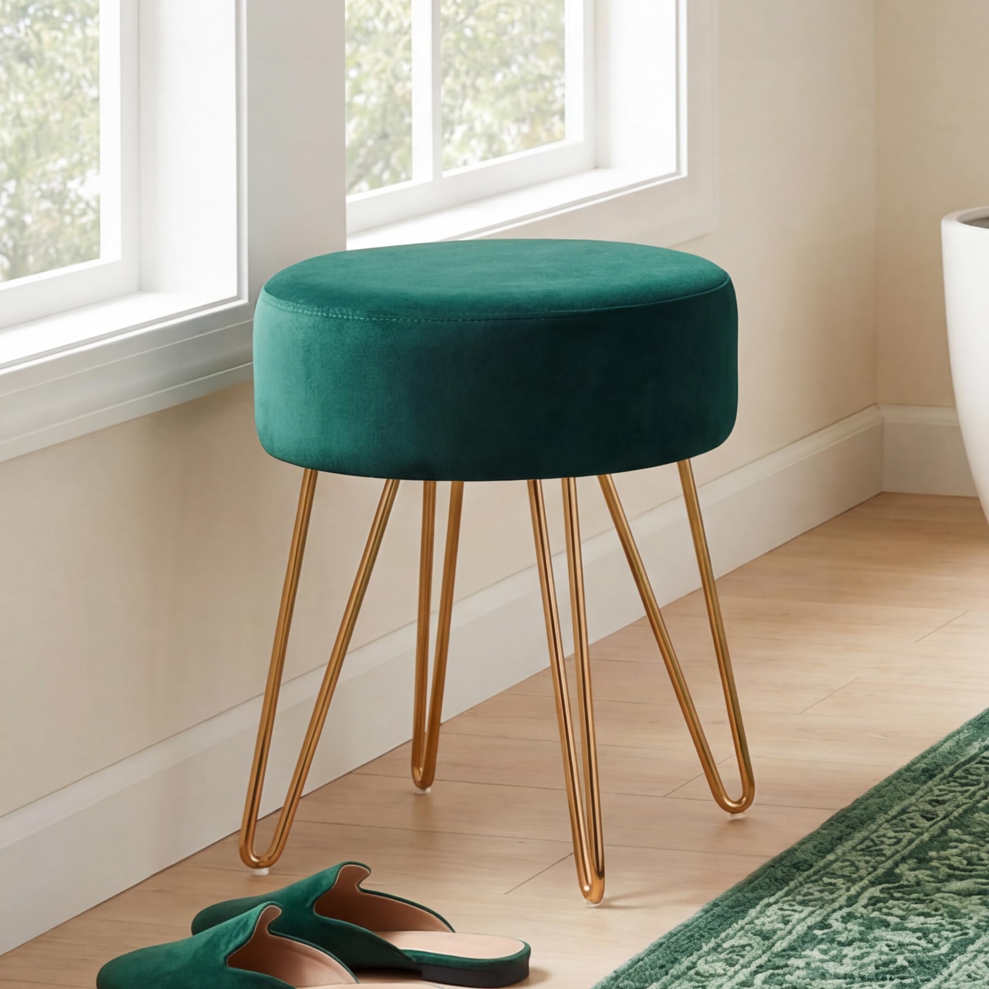 DUHOME Tabouret Ottomande en Velvet Chaise Coiffeuse Ronde avec Pieds Métalliques Pouf pour Salon Chambre, Vert Foncé