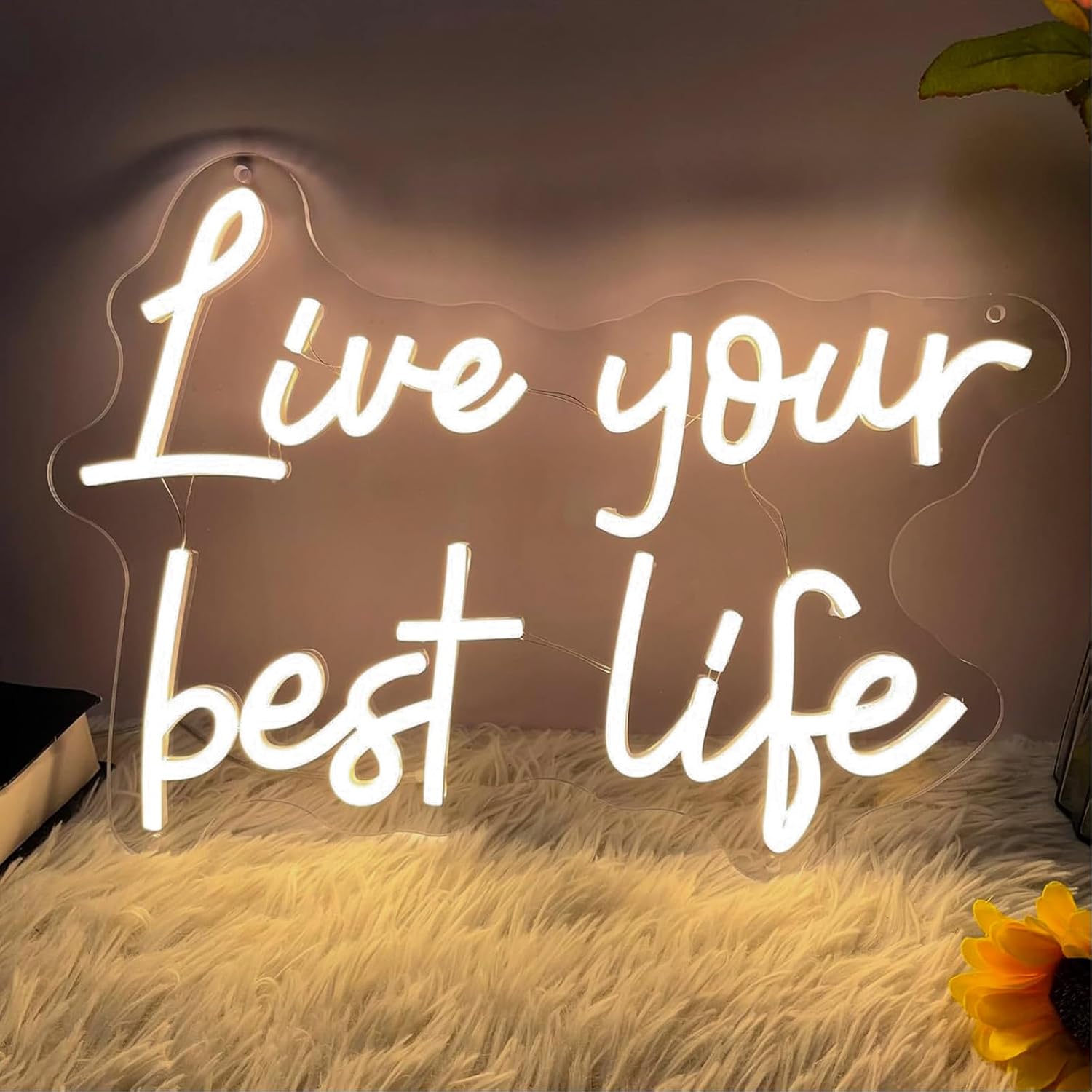 Live Your Best Life Neon Sign Dimmable Led Neon Lights for Wall Decor USB Encouragement Word Neon Light Up Signs for Bedroom Home Bar Office Study Room Wedding Birthday Party Teens Girls Gifts