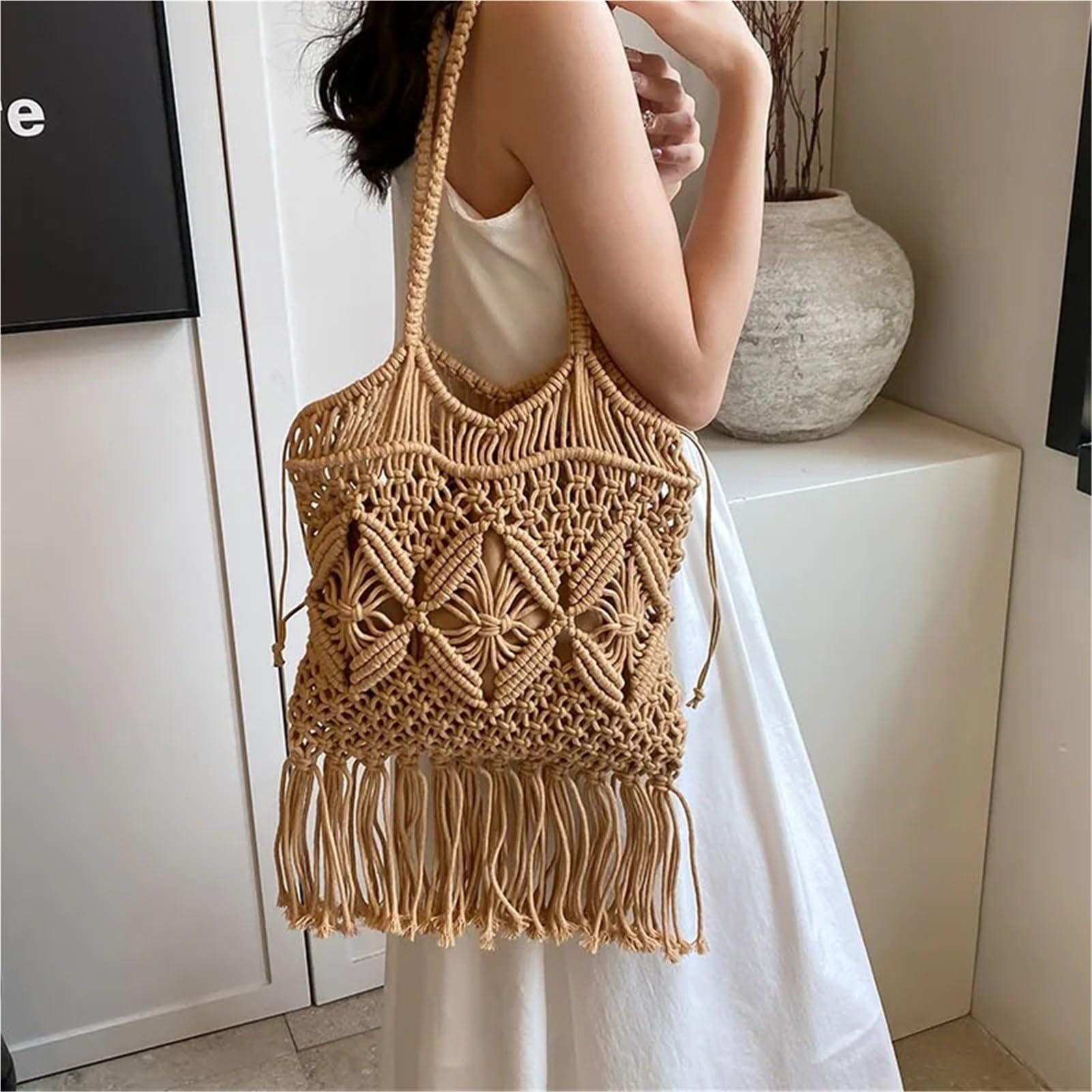 Borsa a tracolla singola francese intrecciata da spiaggia dal design scavato vacanza a Nuova borsa con frange donna Per Tutti I Giorni