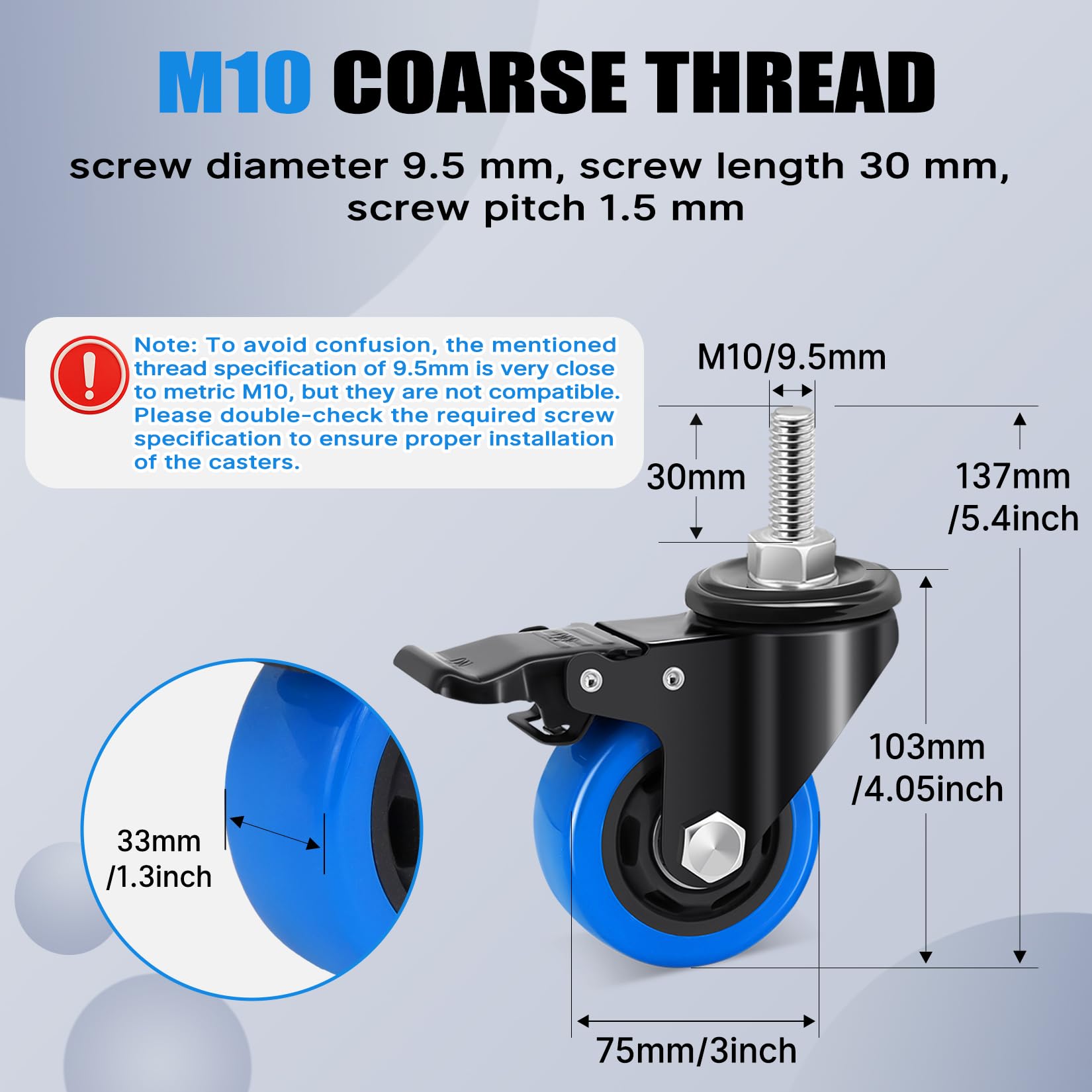 75mm Ruote per Mobili con stelo filettato M10 x 1,5x 30mm, Ruote per Carrello Carichi Pesanti Capacità 500KG, 360 Gradi Rotelle Girevoli con freno Mobili, Barbecue, Carrelli, Trasporto