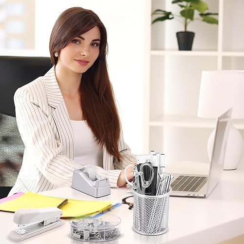 Miniatura 8 de Juego de organizadores y accesorios de escritorio plateados 17 en 1, 3 organizadores de almacenamiento de suministros de escritorio de oficina, 4