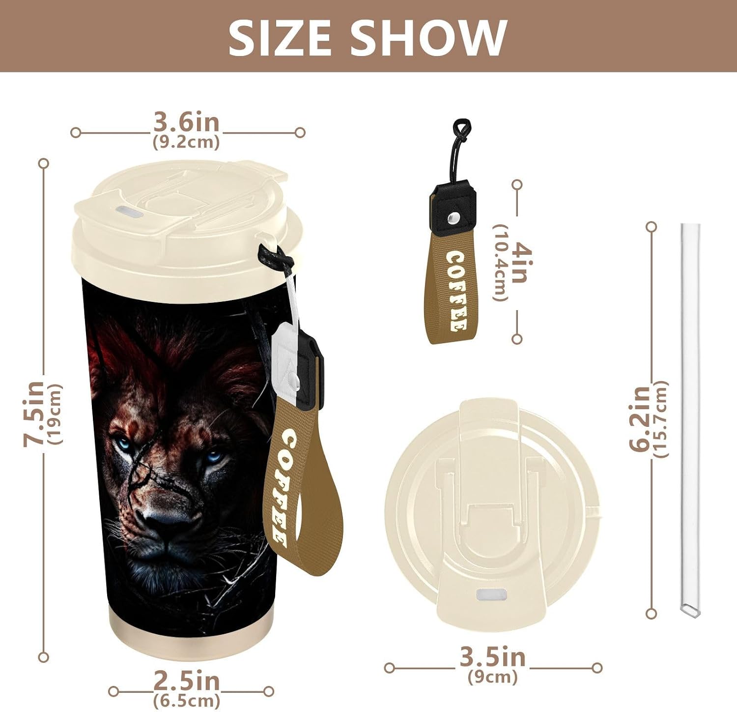 Lion Scary Eye Insulated Coffee Mug with Straw & Flip Lid, 16.9oz Iced Tumbler Cup, Double Wall Vacuum Leak-Proof Mug for Travel Office