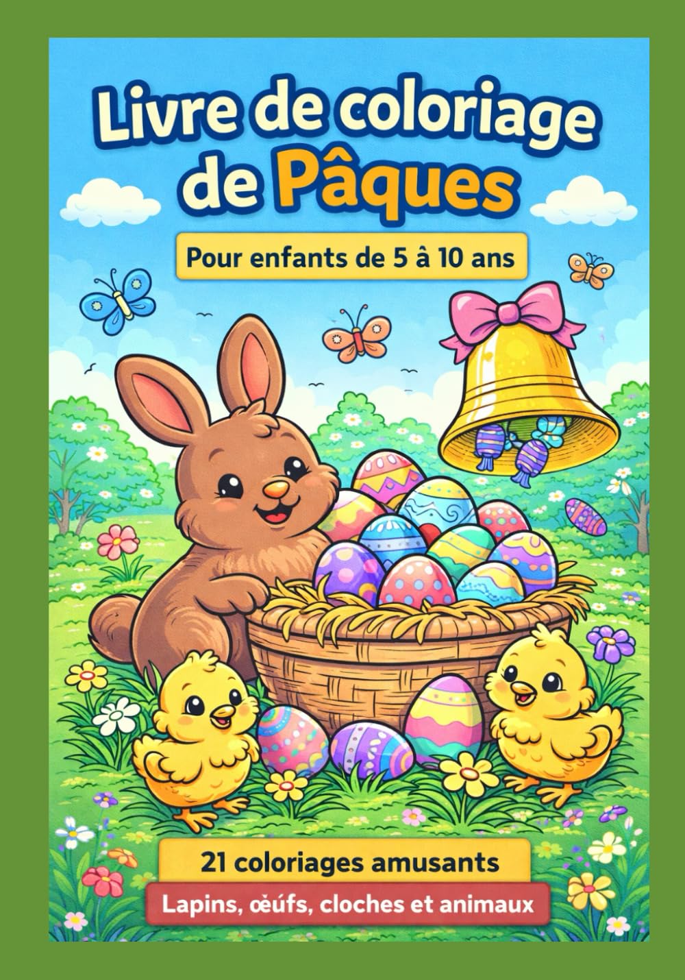 Livre de coloriage de Pâques Pour enfants de 5 à 10 ans: 21 coloriages amusants Lapins, œufs, cloches et animaux Idéal pour Pâques