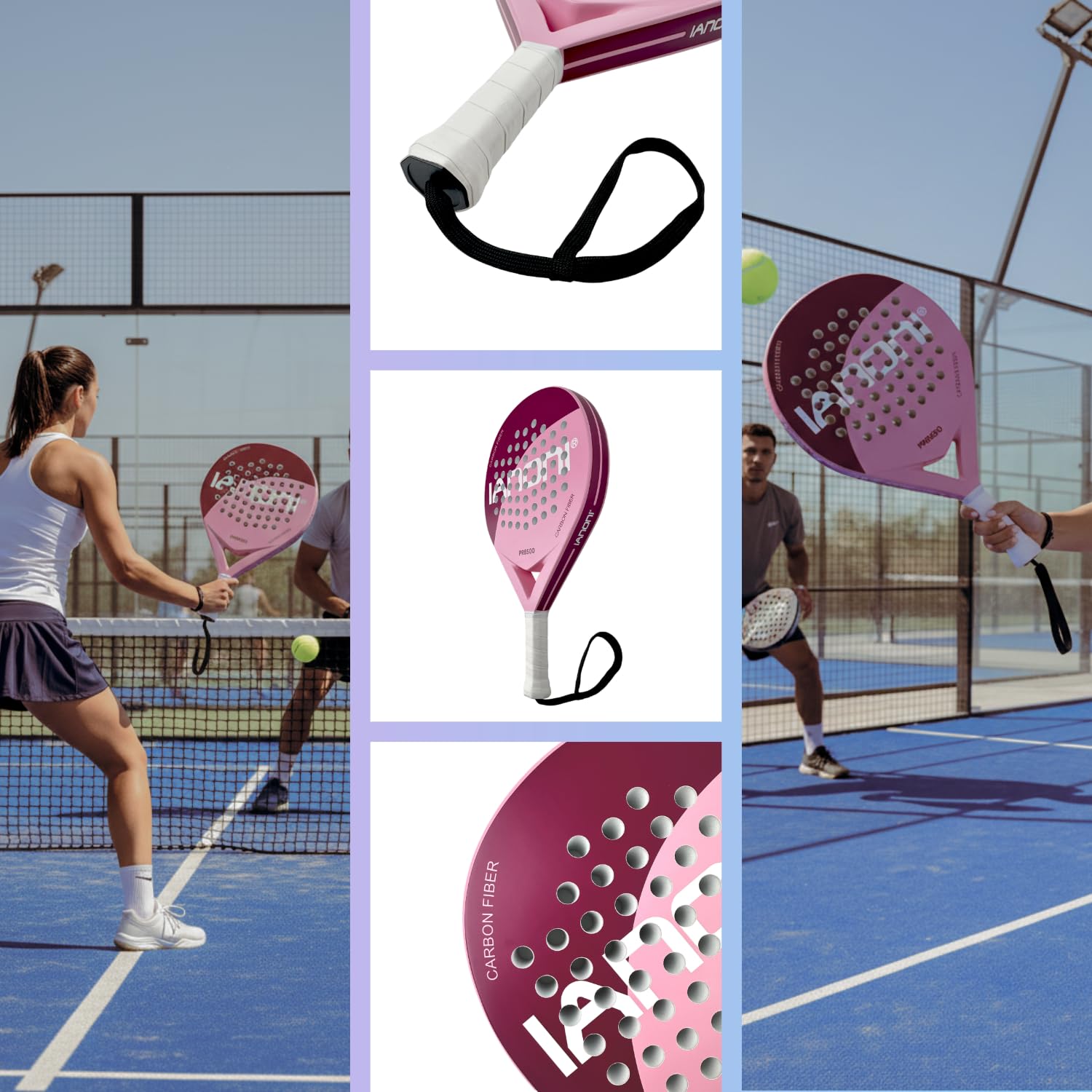 IANONI Racchetta da padel con superficie in fibra di carbonio con nucleo in schiuma EVA Memory Flex Foam Racchette da tennis Paddle Racchetta da tennis-8500 rosa