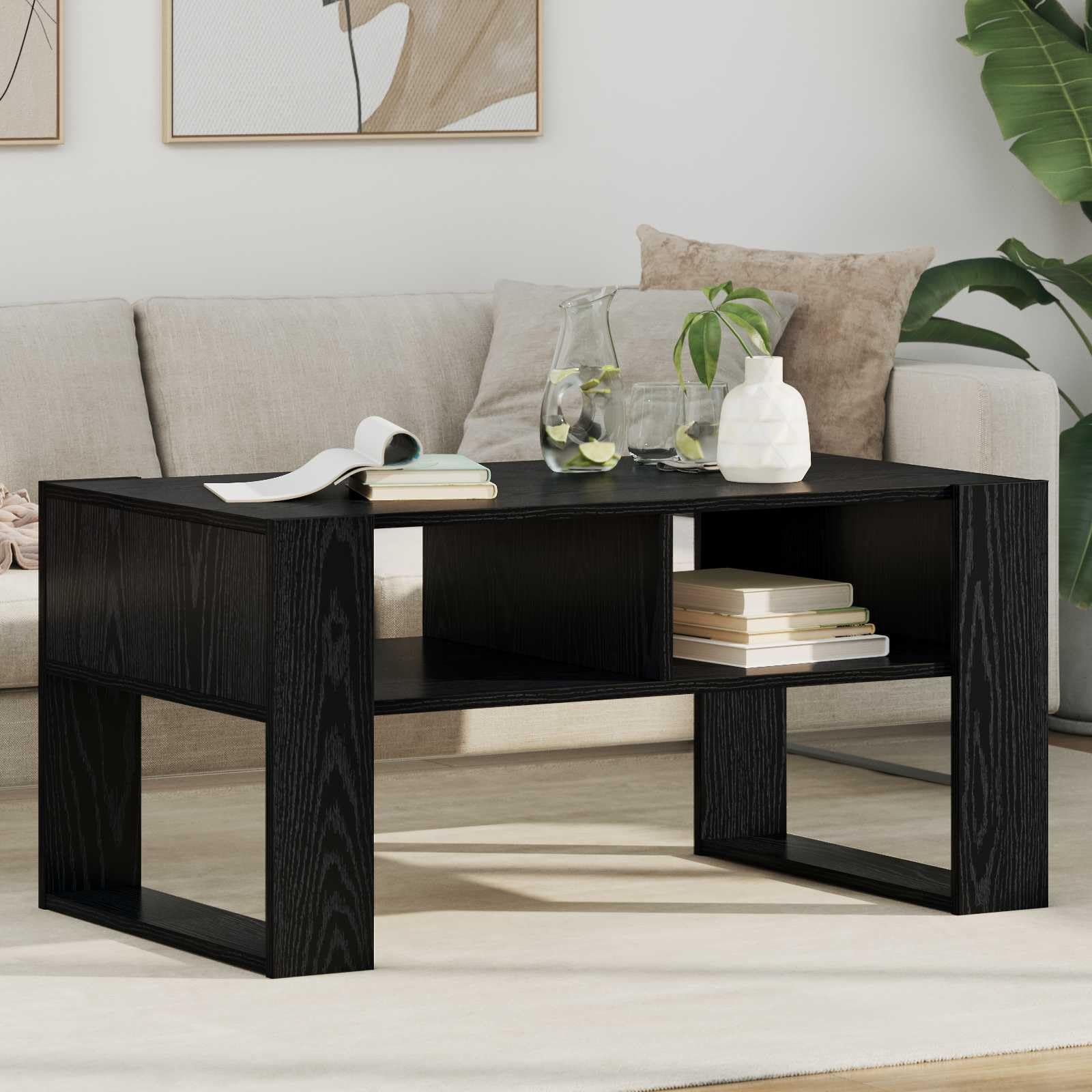 Stolik kawowy dębowy, czarny, 92 x 53 x 45 cm | Nowoczesny design, gładka powierzchnia, praktyczny uchwyt do salonu, elegancki