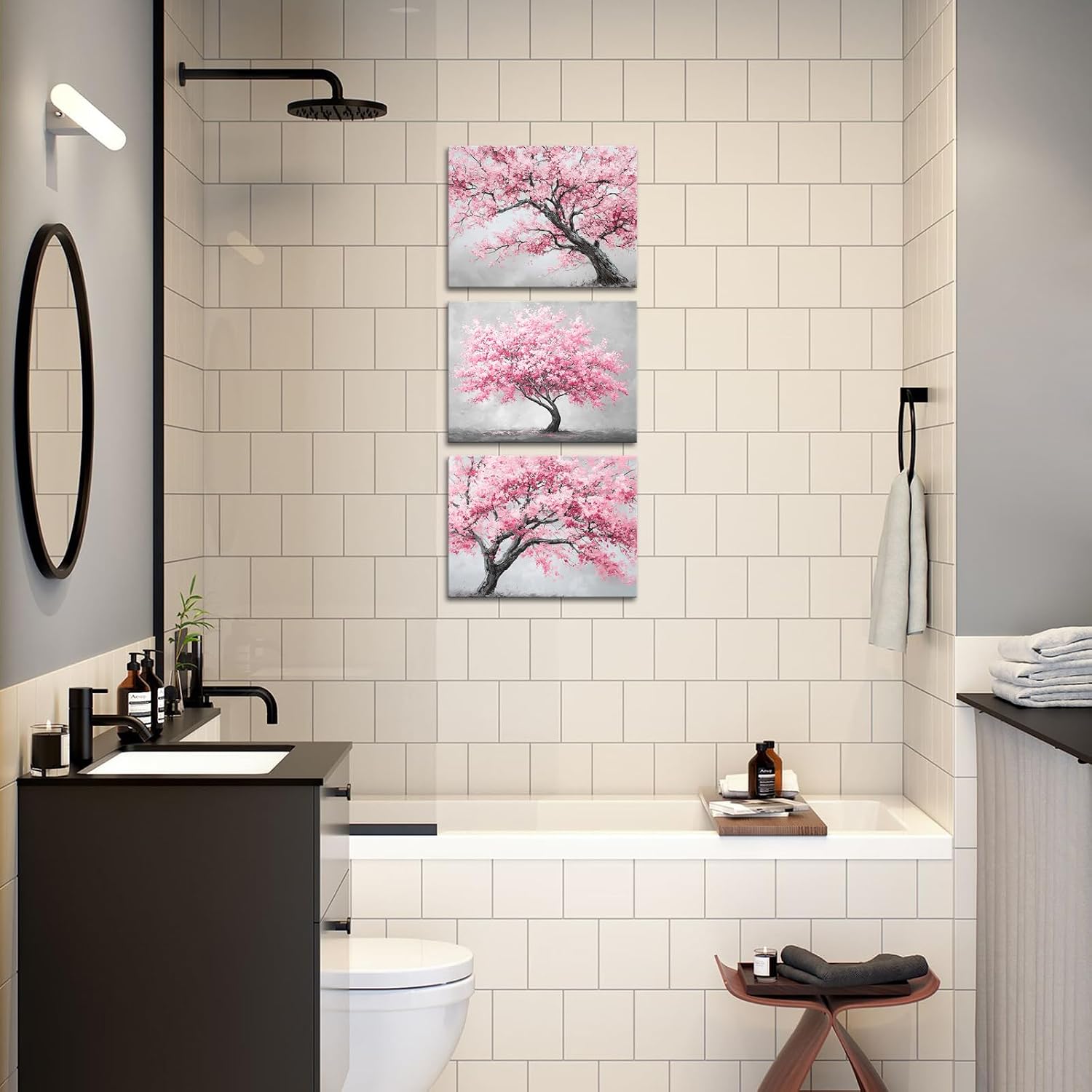 OuElegent Cherry Blossom Tree Canvas Wall Art Pink Floral Painting Pink Tree Wall Decor Set of 3 Panels, Nature Theme 12''x16''x3