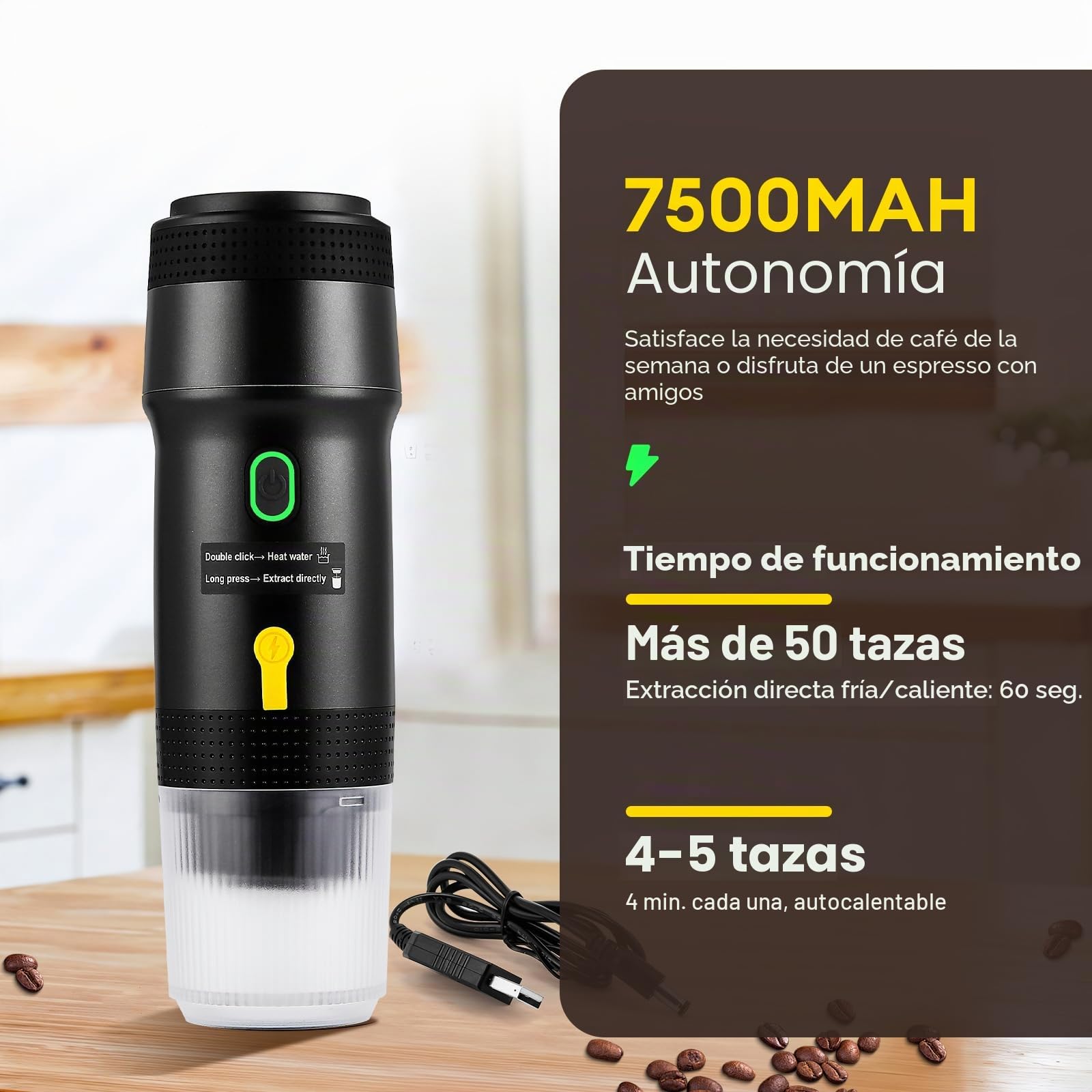 Máquina de café espresso portátil, 20 bares, 3 en 1, autocalentada, compatible con café molido y cápsulas, para senderismo, oficina y autocaravana