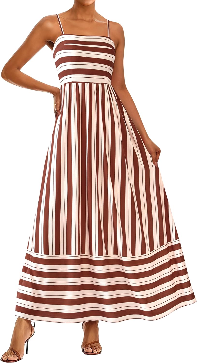 (Similar to)PRETTYGARDEN Summer Dresses for Women 2025 Beach Maxi Dress Spaghetti Strap Floral Boho A Line Wedding Guest Flowy Long Dress Striped White Red Brown Medium