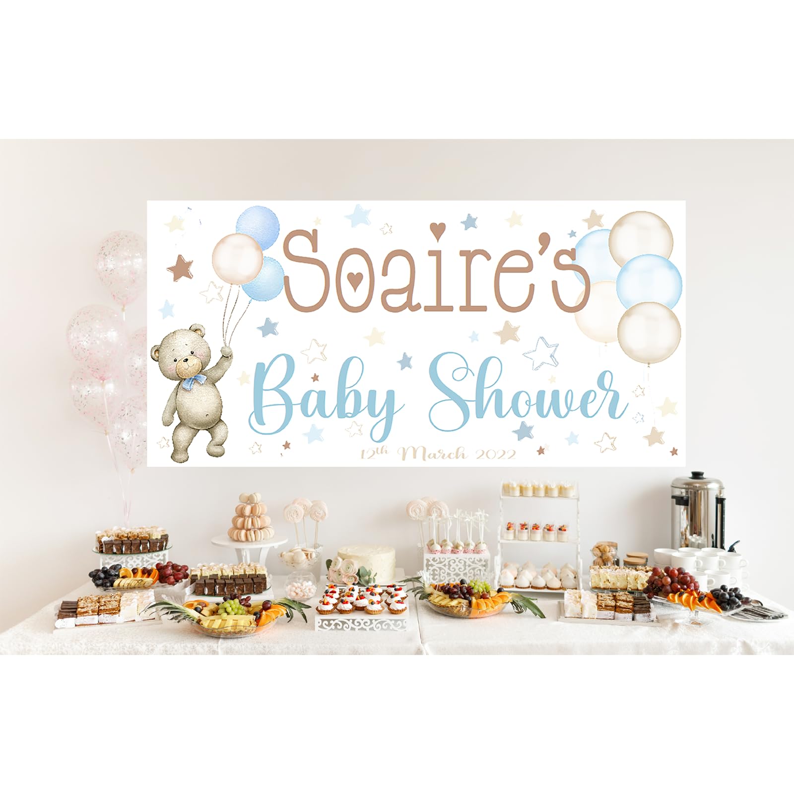 Print A Party Personalised Baby Shower Banner Welcome Sign Board Poster Teddy Bear Balloons Theme Brown Neutral Blue or Pink (Banner)
