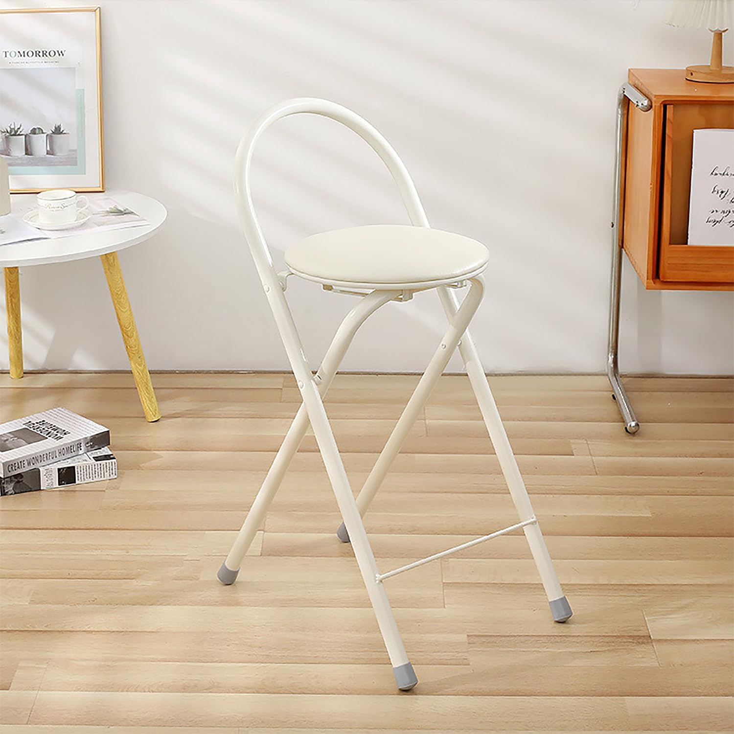 Folding Stool with back support, Folding Stools for Adults Portable, 24 inch tall Cushioned Padded Leather Barstool Chair for Kitchen Outdoor Travel Garden Camping (White, H61 x W30cm(24x12inch))