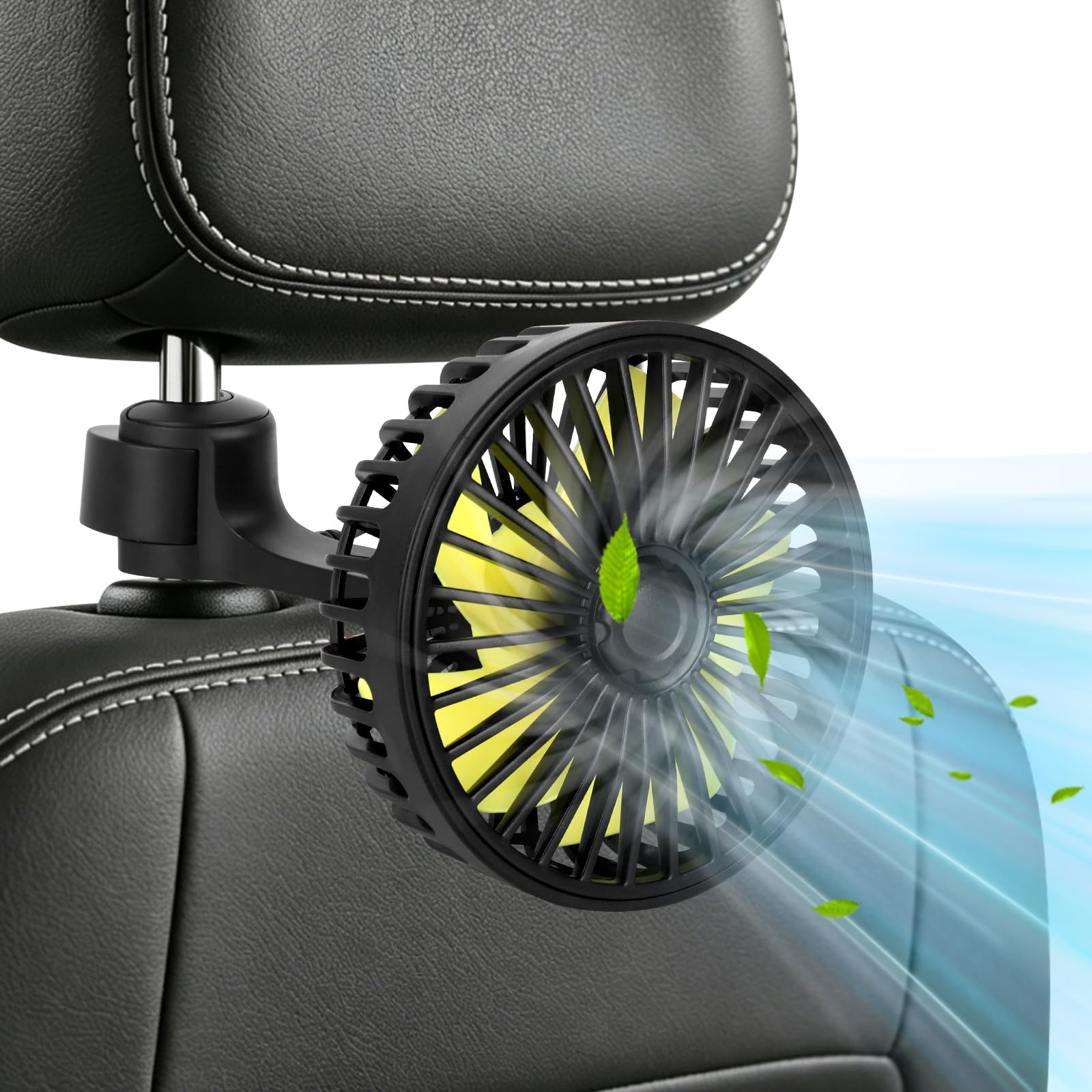 Foreverup 12 V Ventilateur de Voiture, Ventilateur de siège arrière pour 3 Vitesses Réglables, Ventilateur USB pour Voiture Avec cinq pales de ventilateur，Silencieux pour SUV RV Bateau, Noir