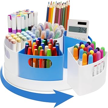 Rotating Art Supply Organizer Storage Caddy for Kids, 7 Bins Craft Crayon Marker Organizers for School Desk, Lazy Susan Pencil Holder for Classroom Organizations blue and white