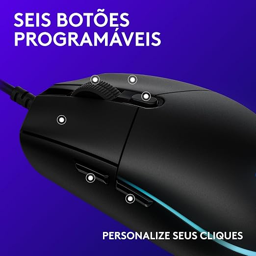 Diagrama destacando os seis botões programáveis do mouse Logitech G203