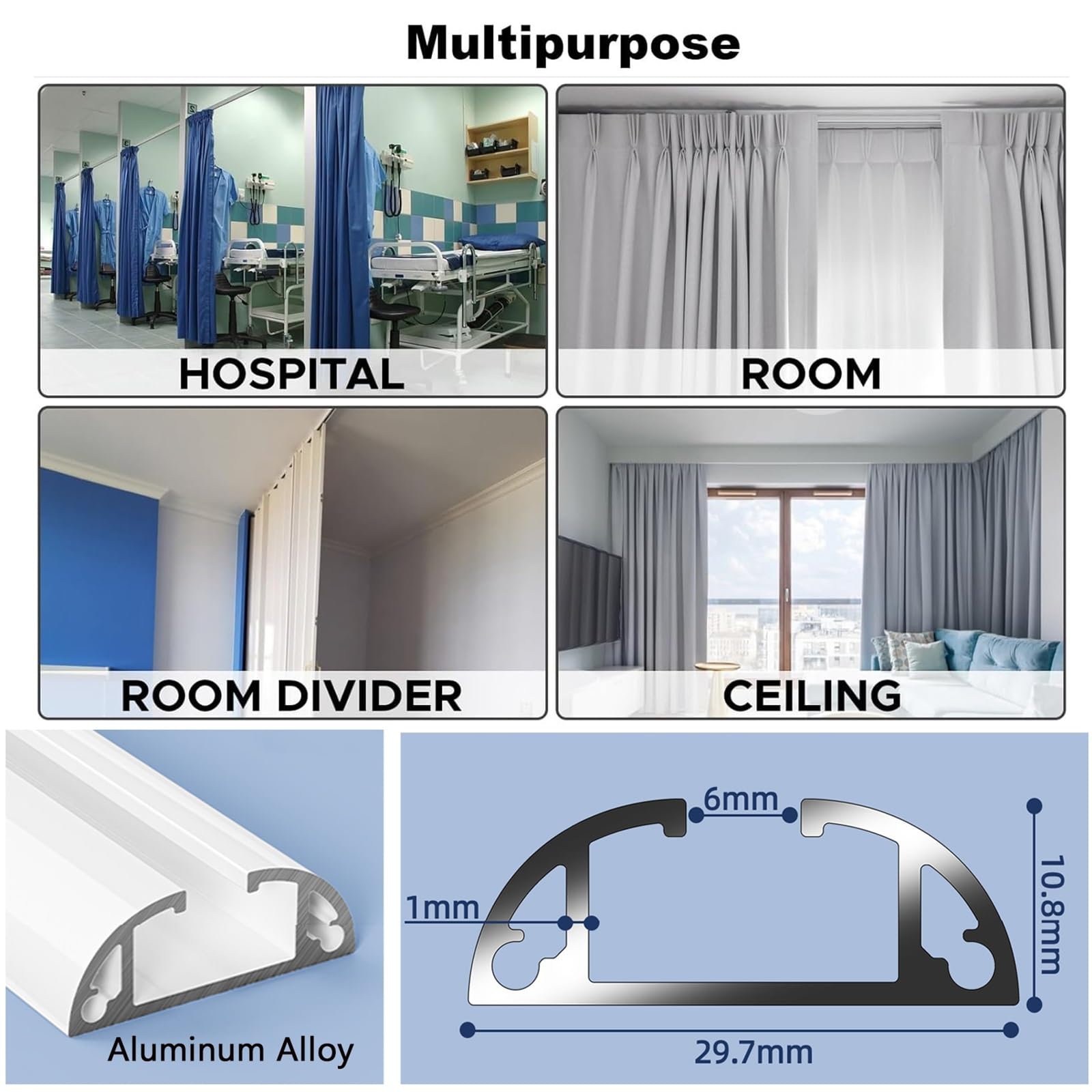 Tringle Rideau Système de Rail de Rideau Extra Fin en Aluminium, pour La Maison/Camping Car/Zone D'intimité, Rails à Rideaux au Plafond/au Mural(White-Wall,4.5m(3 * 1.5m))