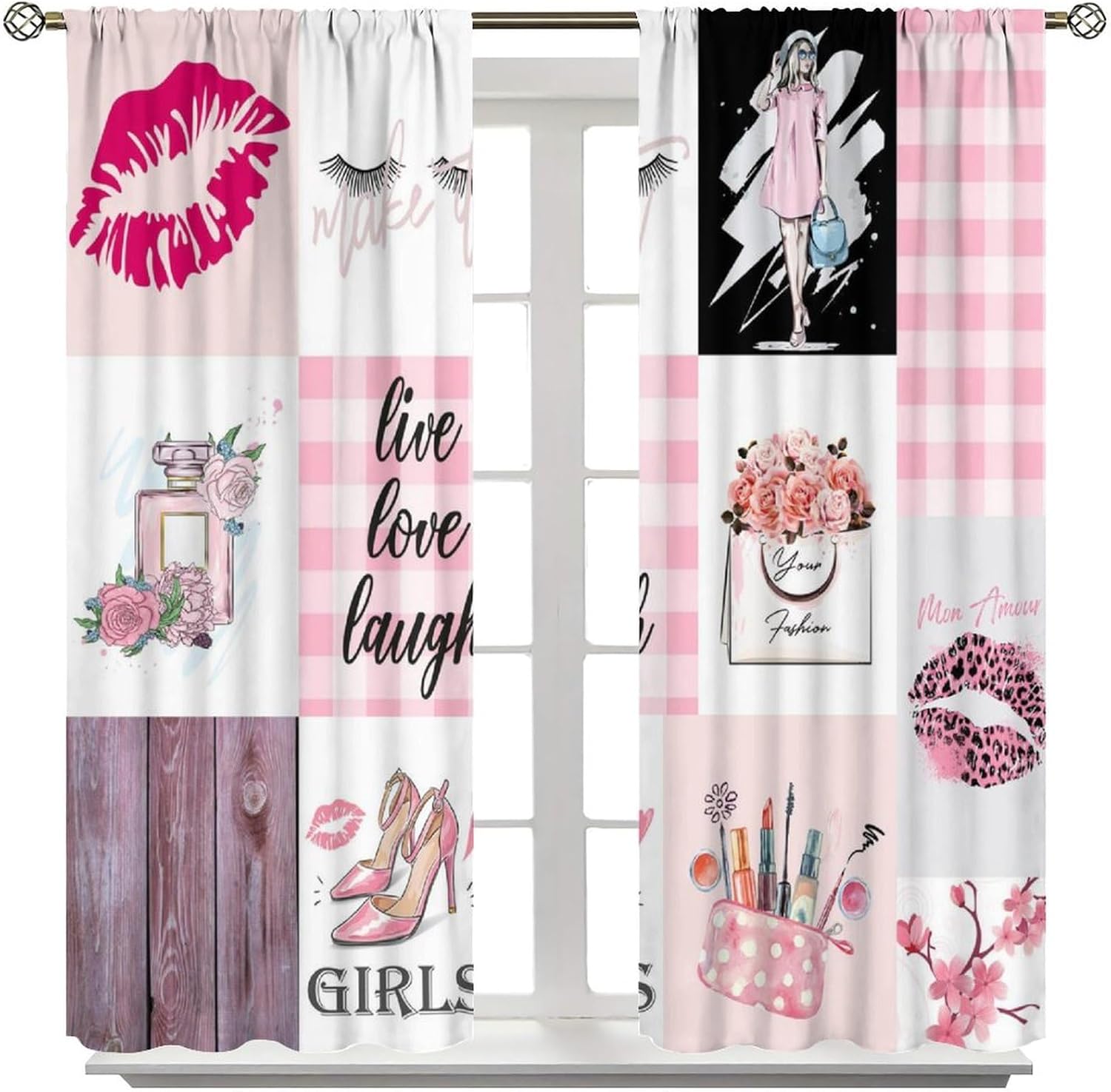 Fashion Girl Decor Curtain Valentine's Day Makeup Elegant Pink Perfume Flower Eyelash High Heel Cosmetics Leopard Lips Lipstick for Home Kitchen Livingroom Coffee Room Curtain 2Panel 42"W X 54"W
