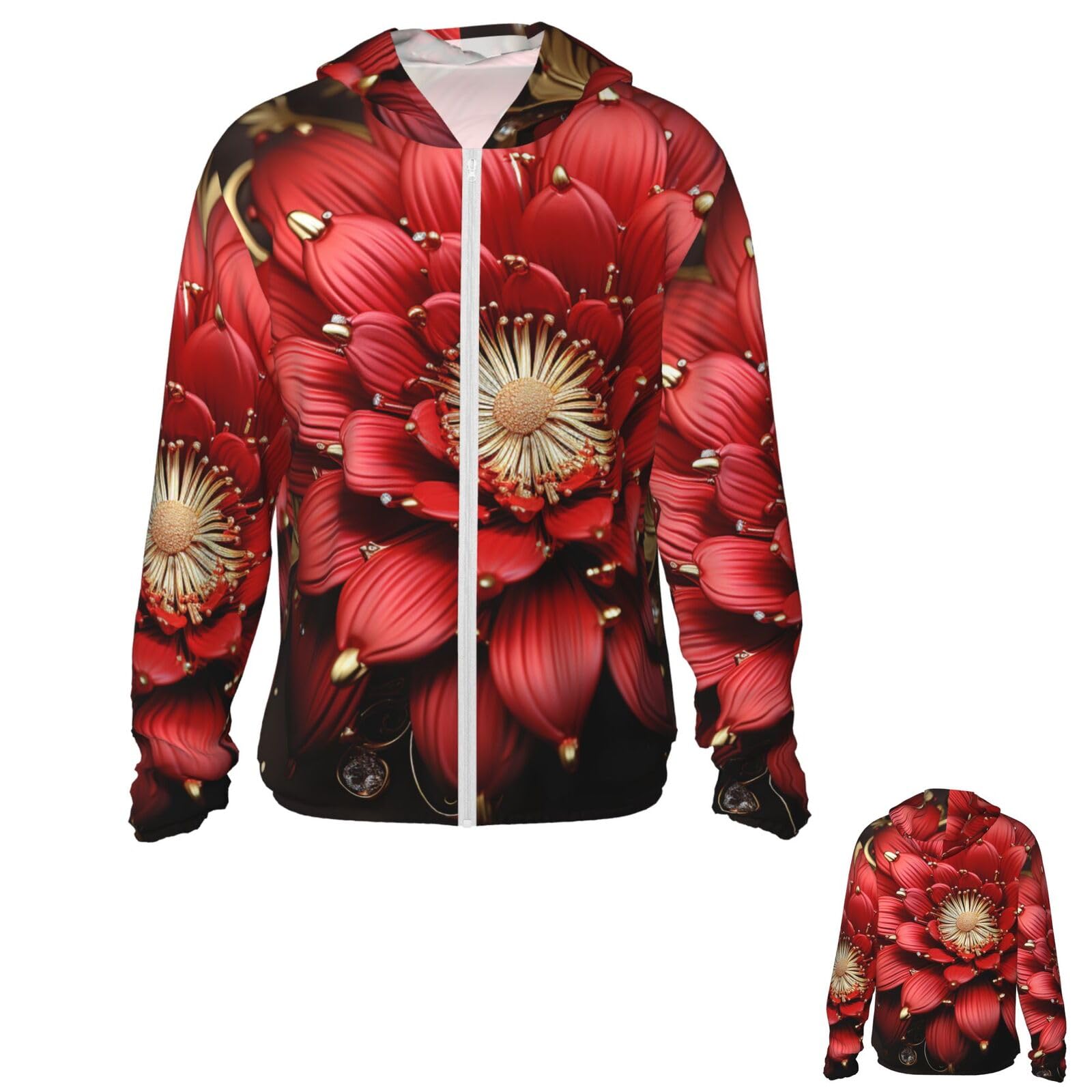 NONHAI Men's Sun Protection Jacket UPF 50+ Full Zipper Long Sleeve UV Hoodie Shirt Red Gold flower Women's Outdoor Jacket