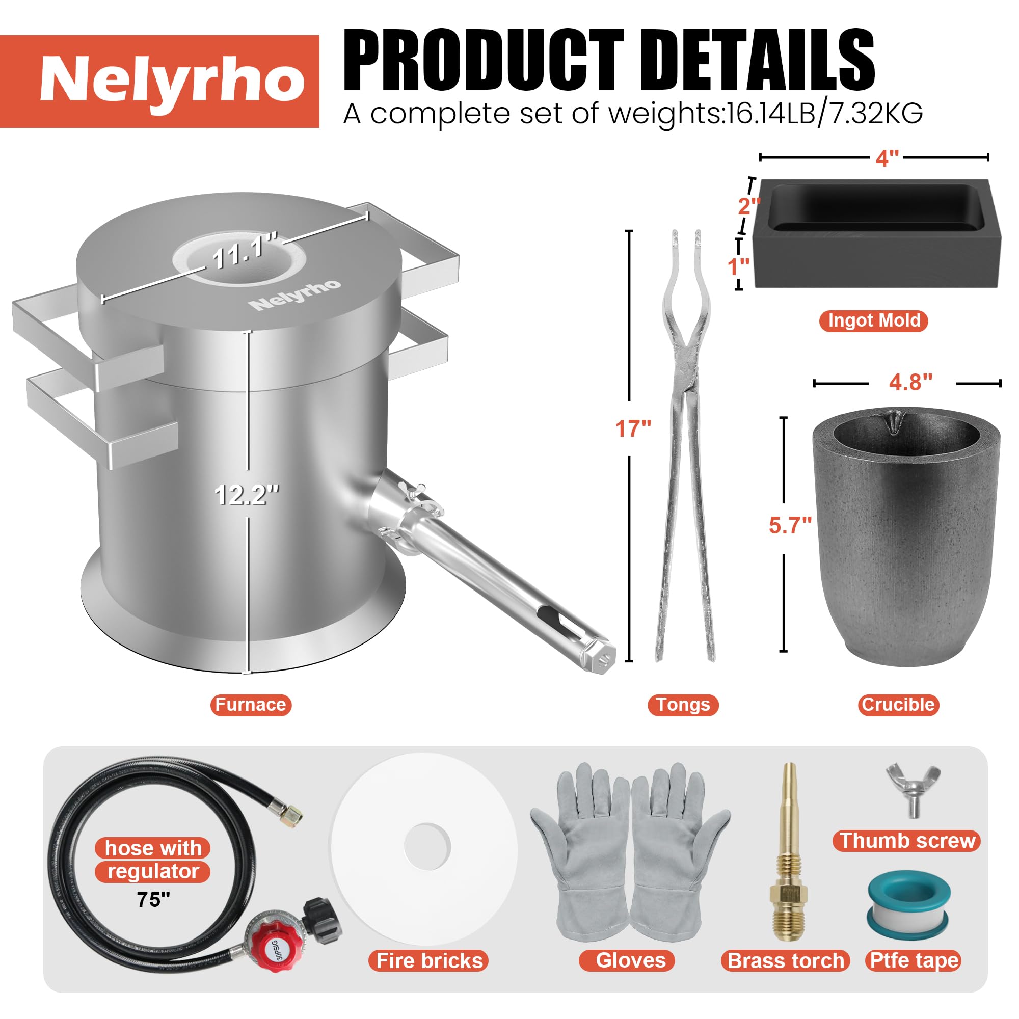 Nelyrho Schmelzofen-Set, 6 kg, Edelstahl-Gießerei mit Tiegel, Tiegelzange, Handschuhen, ideal zum Schmelzen von Gold, Silber, Kupfer und Aluminium, Metall-Recycling-Gusswerkzeug