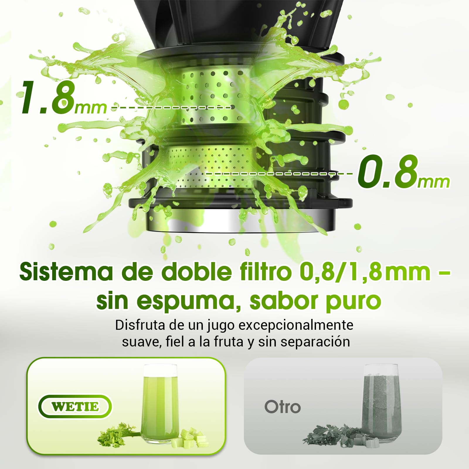WETIE Estrattore Lento Frutta e Verdura, Estrattore di Succo a Freddo con Apertura Extra Large 120mm, 99% Resa, Facile da Smontare e Pulire, BPA Free, Include 2 Bicchieri e Ricettario