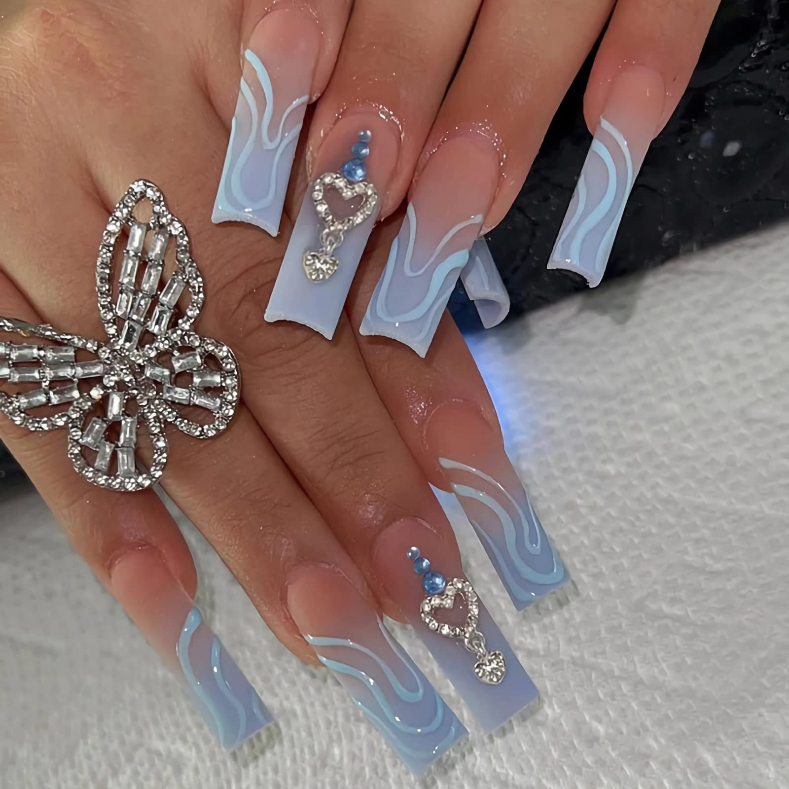BABALAL Long Coffin Press on Blue Fake Nails Matte Glue on Rhinestones Heart Design Acrylic Ballerina Nails for Women and Girls