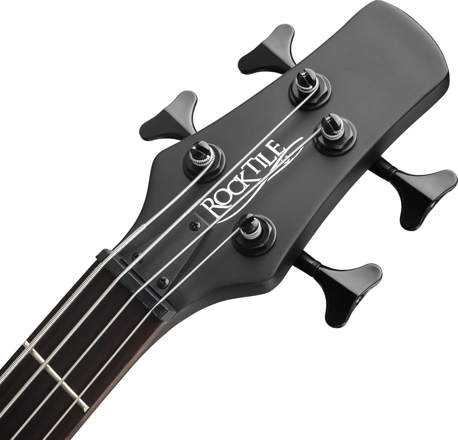 Close-up of the Rocktile Pro LB104-N bass guitar headstock with tuning machines