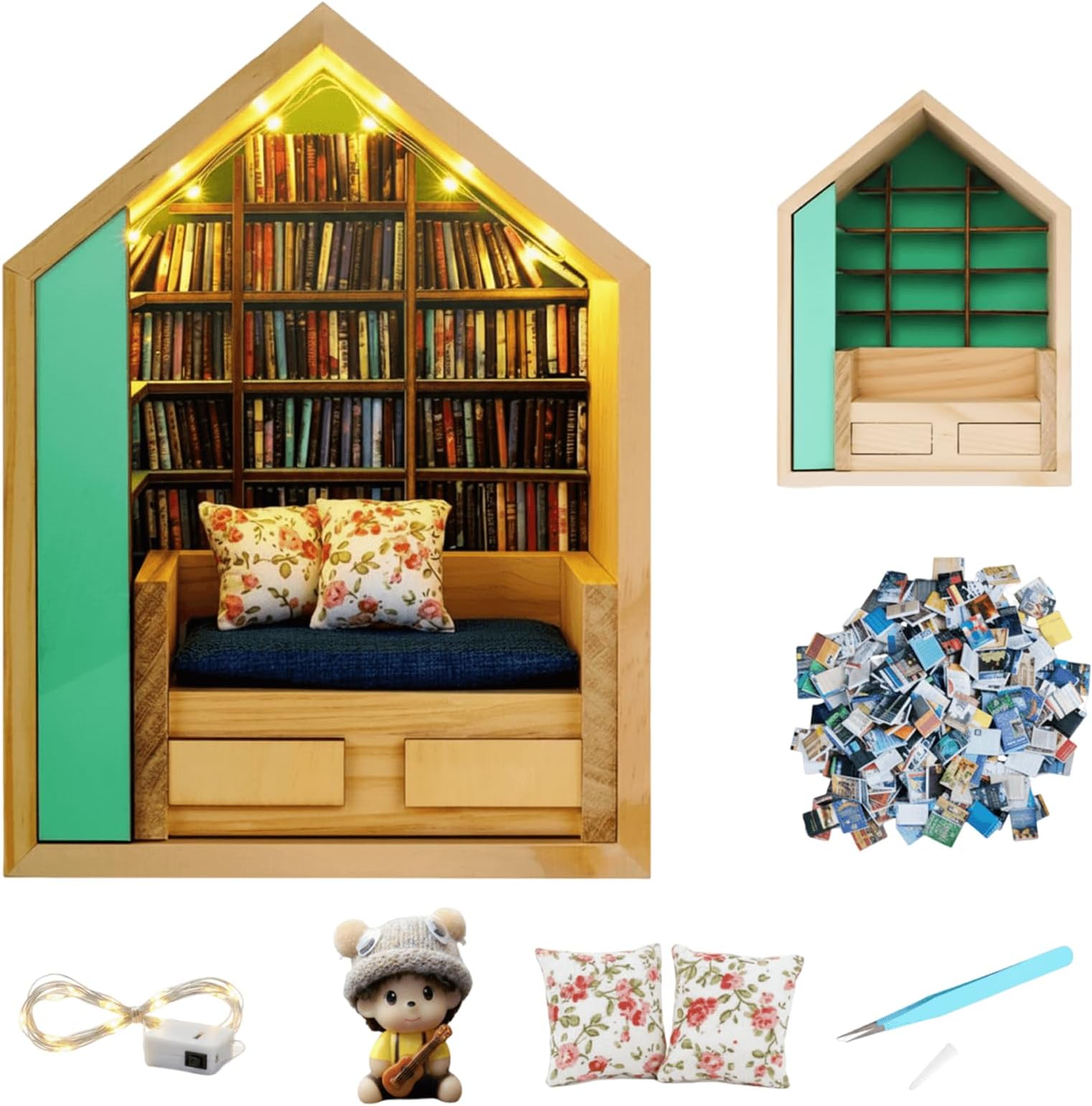 Anxiety Bookshelf with 300Pcs Mini Books & Light, Miniature Book Library Shelf for Stress Relief, DIY Tiny Book Nook Kit Organizer, Mini Bookstore Desk Decor for Home Office, Gift for Family & Friends