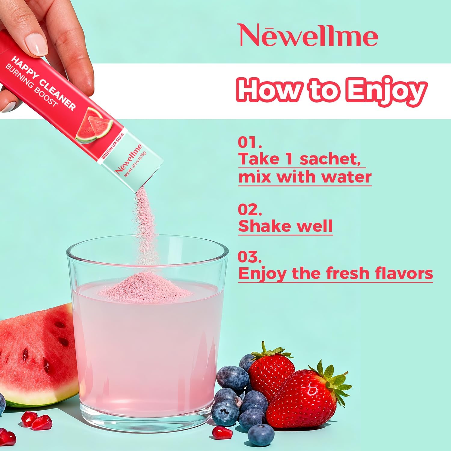 NEWELLME Happy Cleaner Superfood Powder | Digestive & Gut Health, Prebiotics & Probiotics for Women & Men, Support for Bloating & Regularity, Vegan Sugar-Free, Watermelon & Berry Flavors, 28 Sachets - Image 9