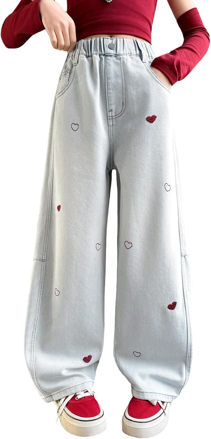 Girls' Casual Wide Leg Jeans Heart Print Elastic Waist Baggy Jeans Kids Cute Regular Fit Denim Pants with Pockets