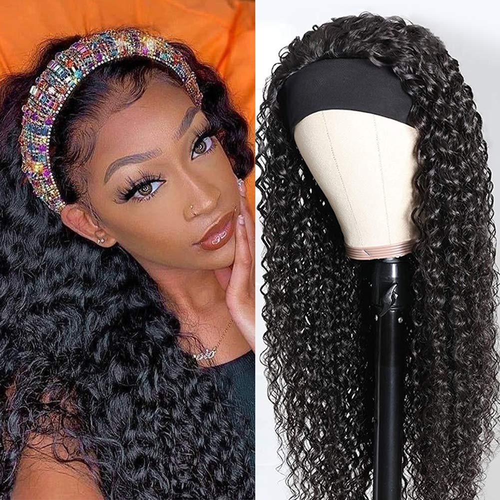 CYNOSURE Curly Headband Wig Human Hair Wigs for Black Women 9a Glueless None Lace Front Wigs Human Hair No Need Pre Plucked Natural Black Color Brazilian Hair Curly Wig(20, Headband Wig Curlyï¼â€°