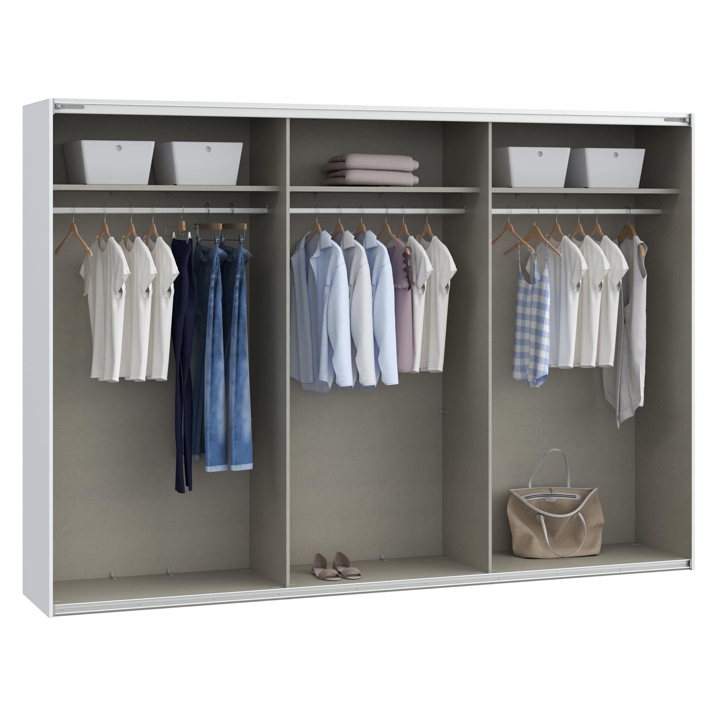 Forte SOPHISTISPACE Kleiderschrank 300, 3-türiger Schwebetürenschrank mit Spiegelfront, Einlegeböden und Kleiderstange, Weiß, 299,8 cm breit, 210,5 cm hoch, 62,9 cm tief